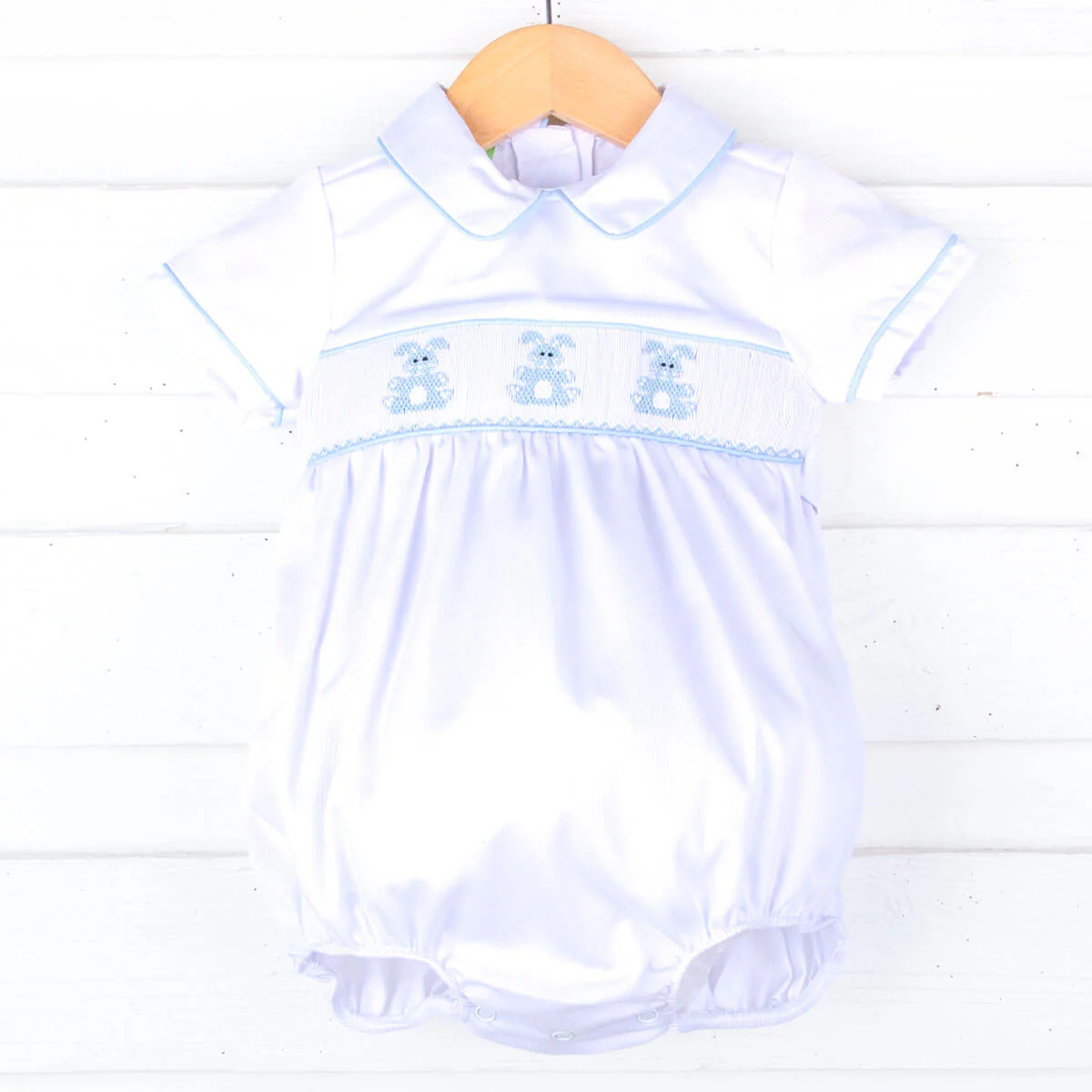 Adorable Bunny White Smocked Collared Boy Bubble