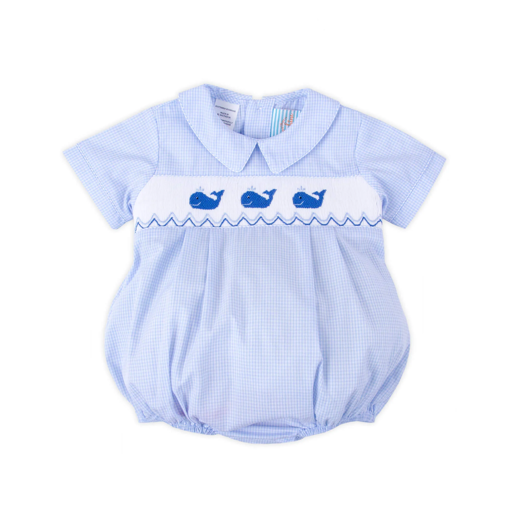 Adorable Whale Smocked Light Blue Gingham Collared Bubble