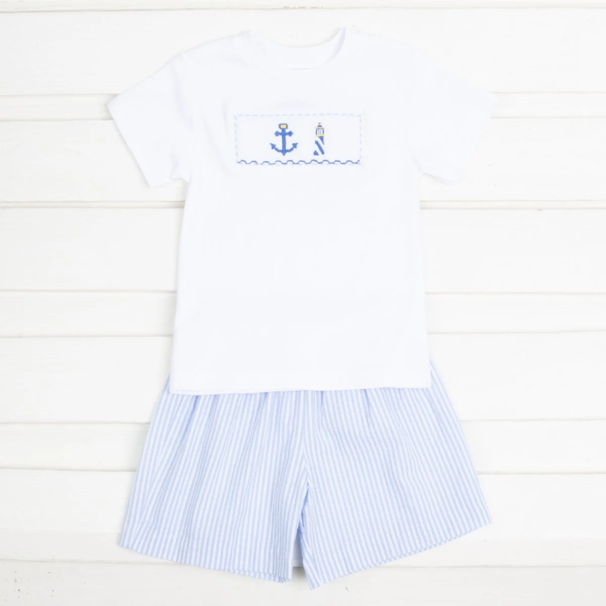Anchor Smocked Short Set Blue Seersucker Stripe