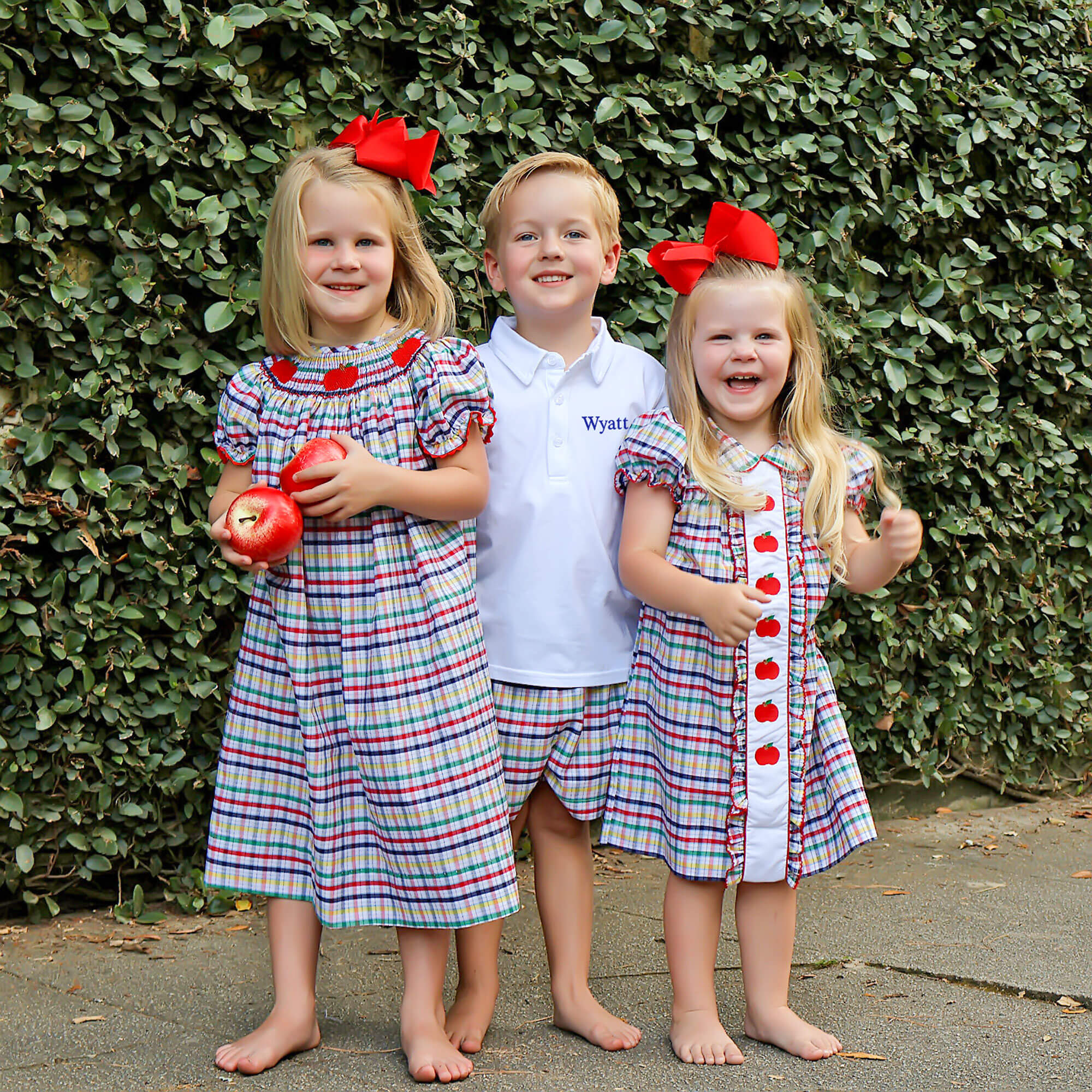 Apple Trio Primary Plaid Smocked Bishop Dress - Image 4