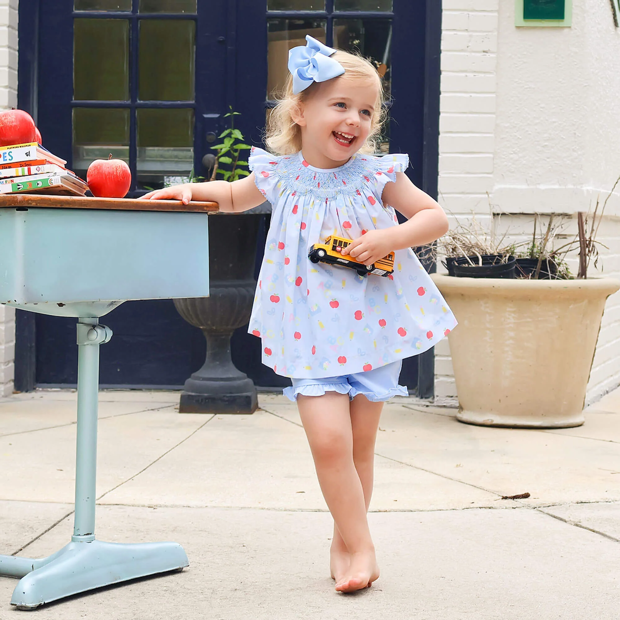 Back to School Smocked Blue Angel Sleeve Short Set