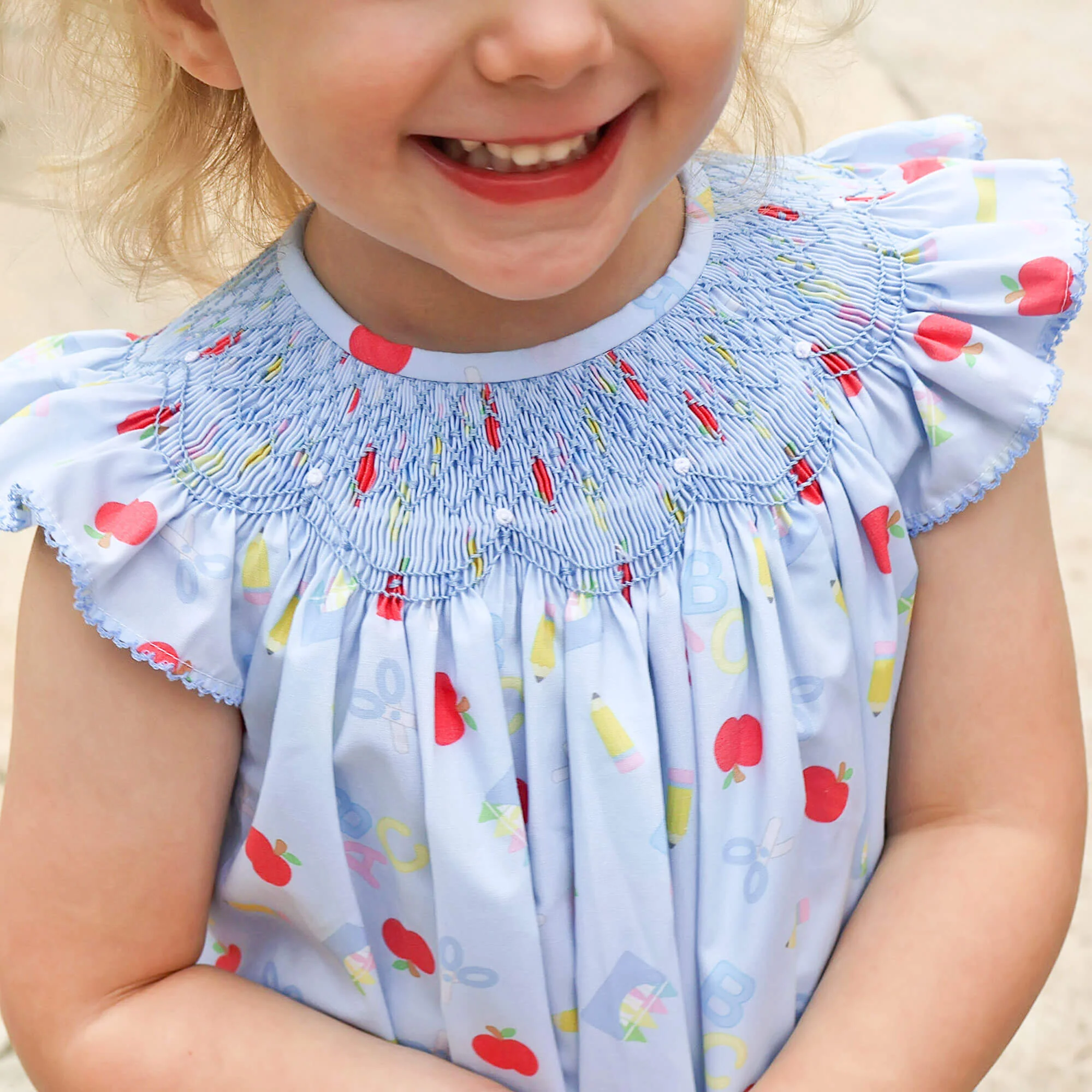 Back to School Smocked Blue Angel Sleeve Short Set - Image 3