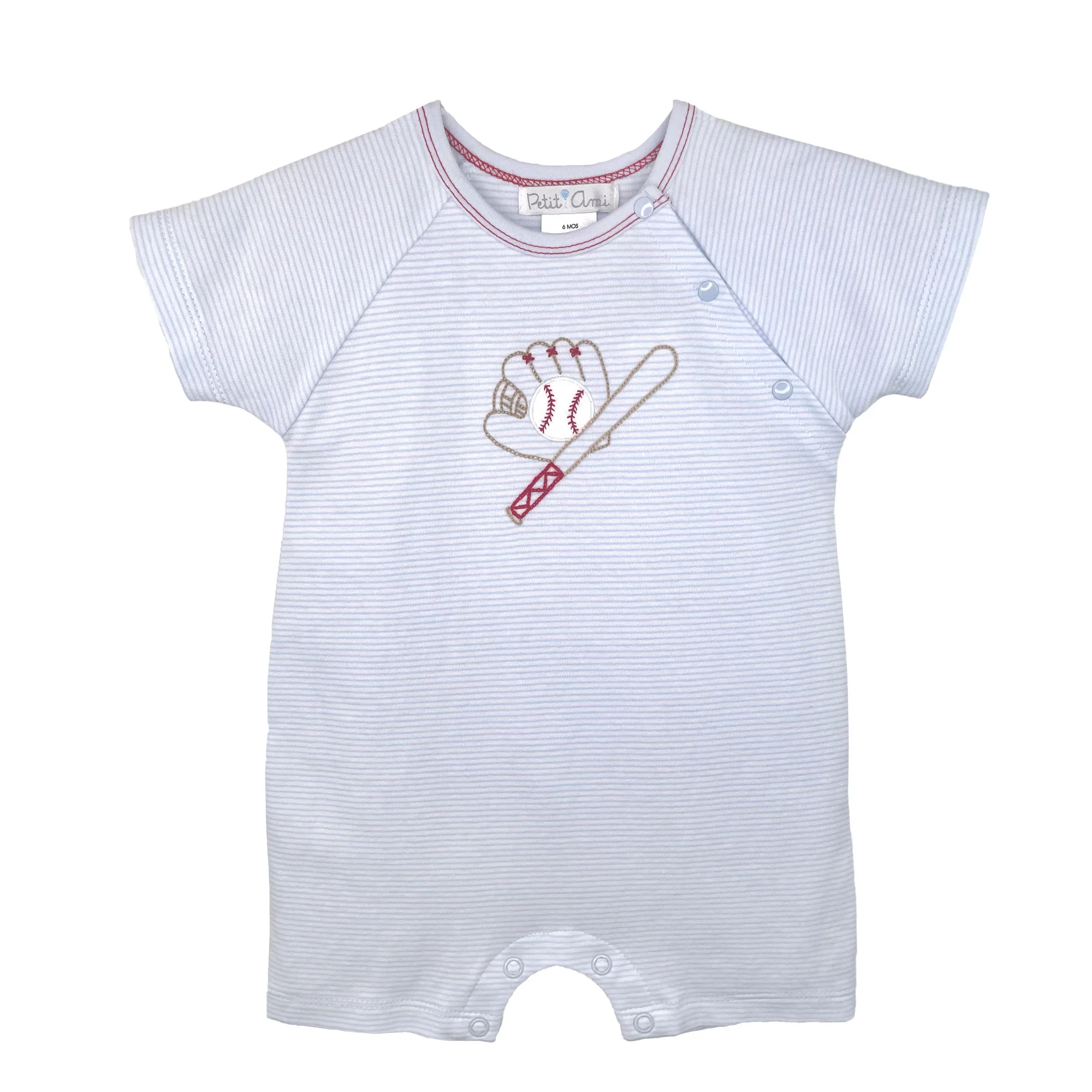 Baseball Embroidered Blue Stripe Knit Romper