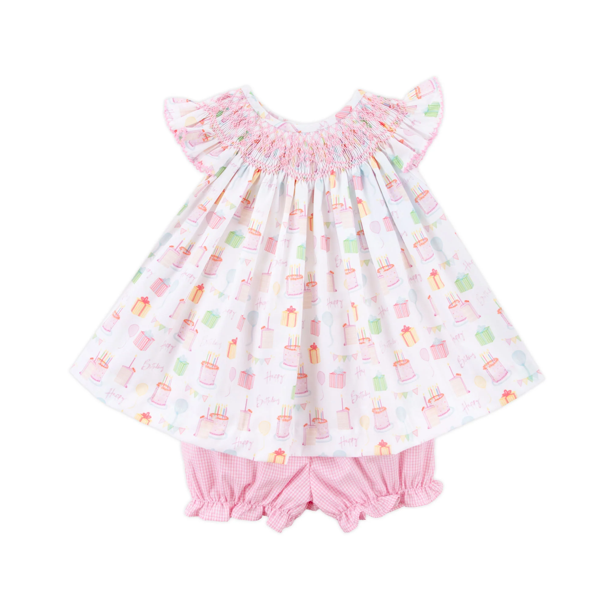 Birthday Party Smocked Angel Sleeve Bloomer Set