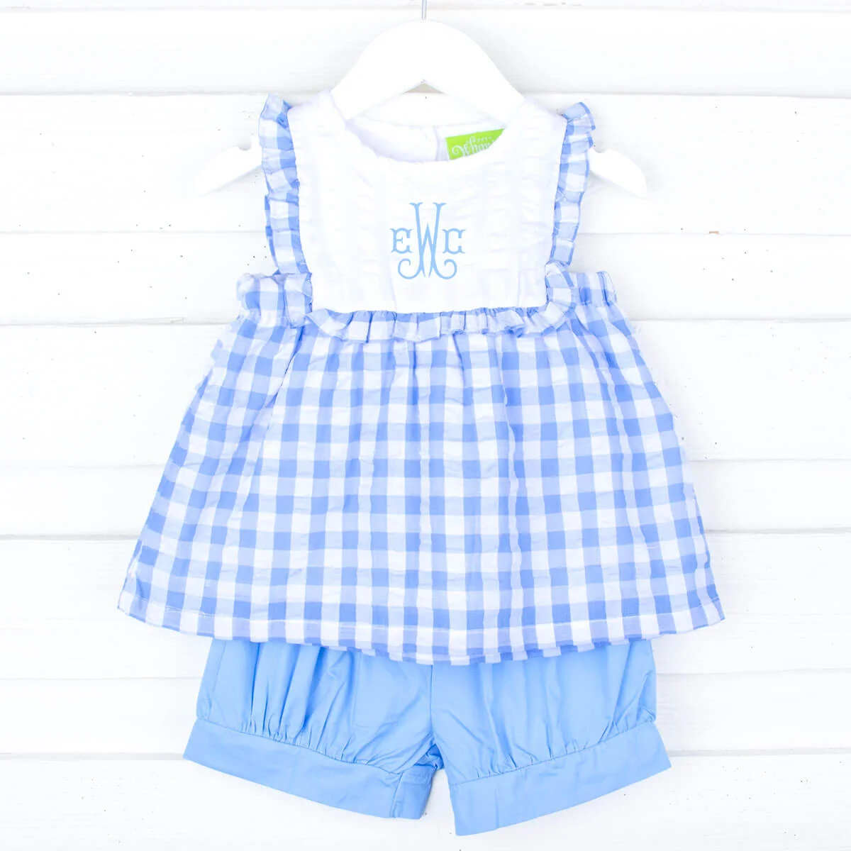 Blue Check Ruffle Bib Short Set