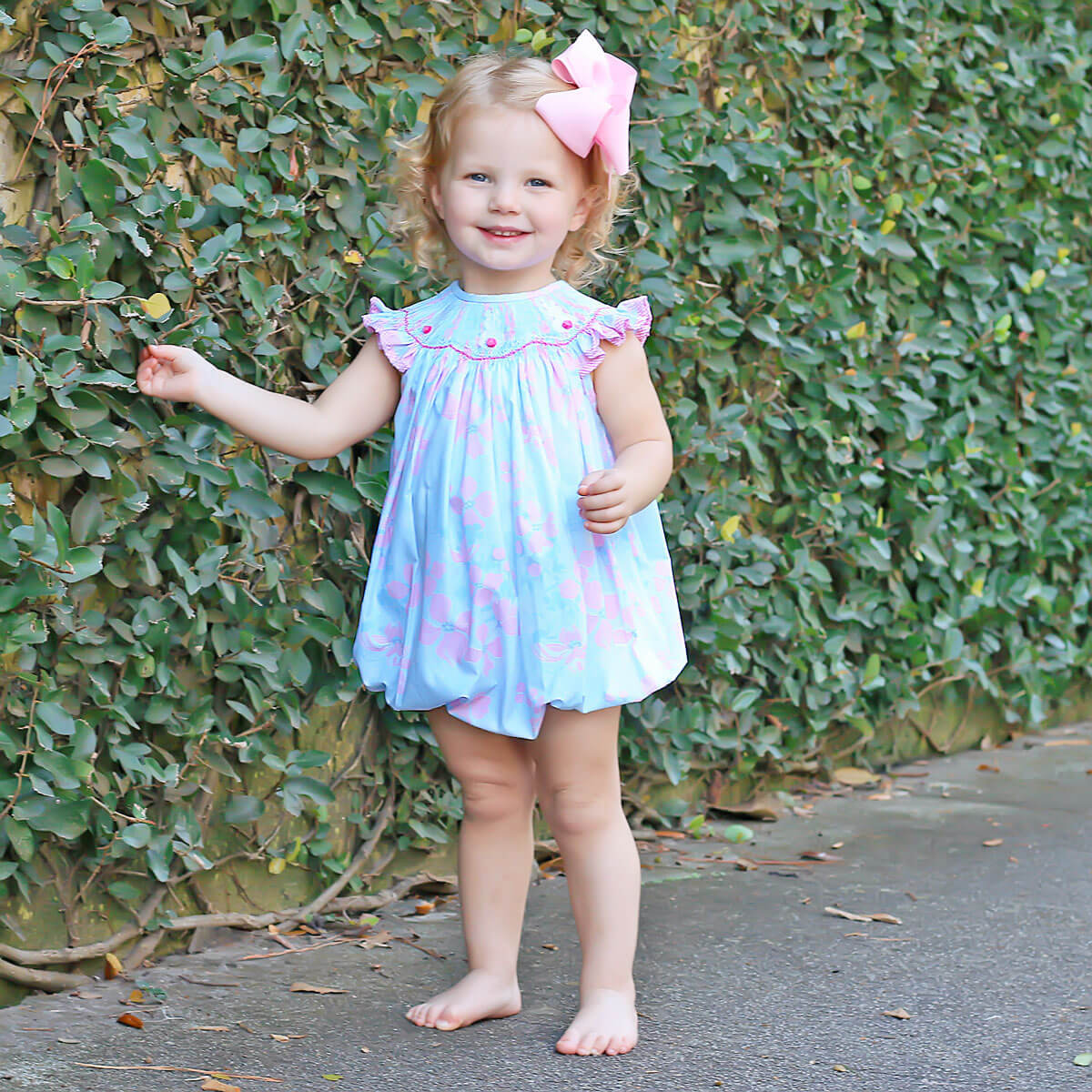 Blue Floral Bunny Smocked Bubble