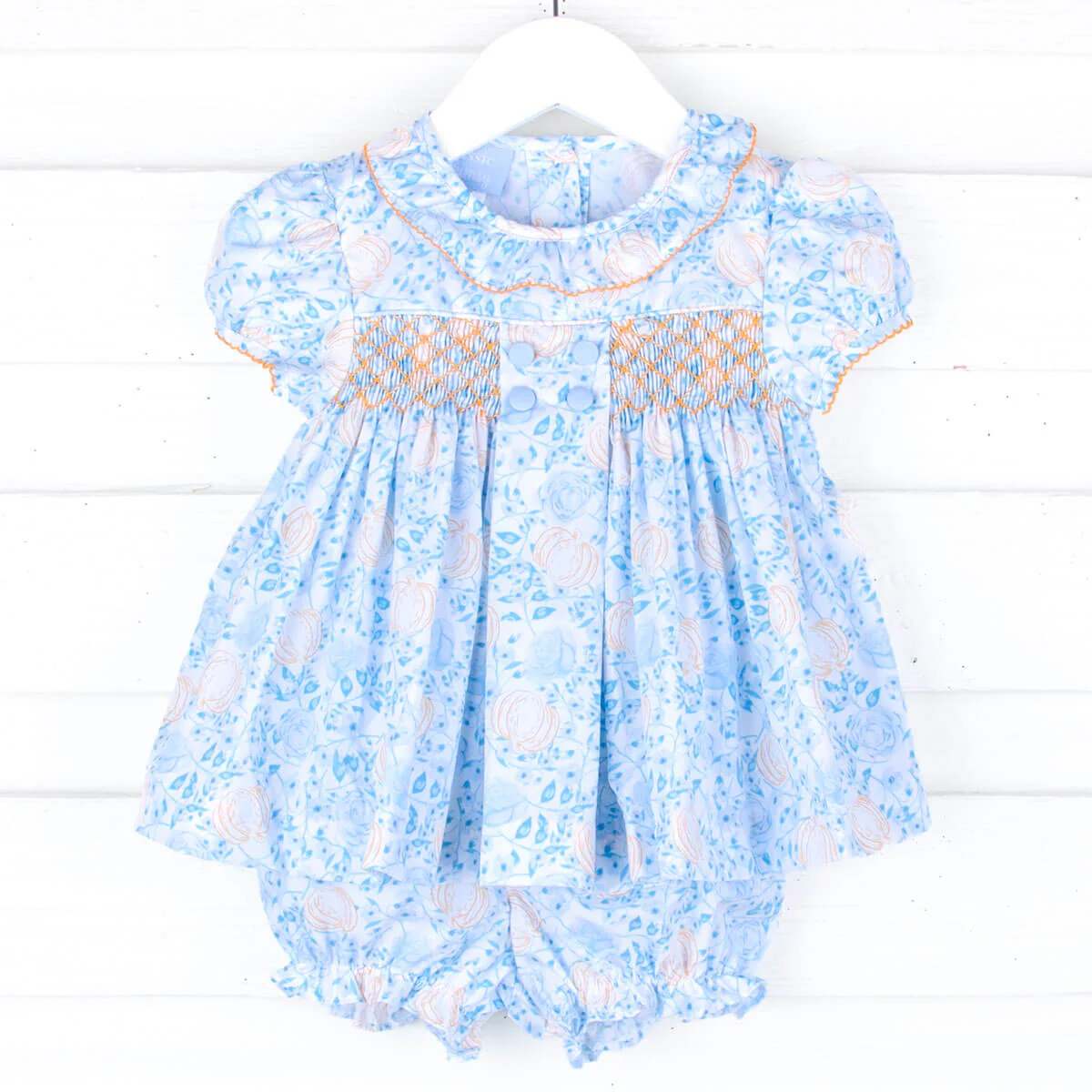 Blue Floral Pumpkin Smocked Beth Bloomer Set