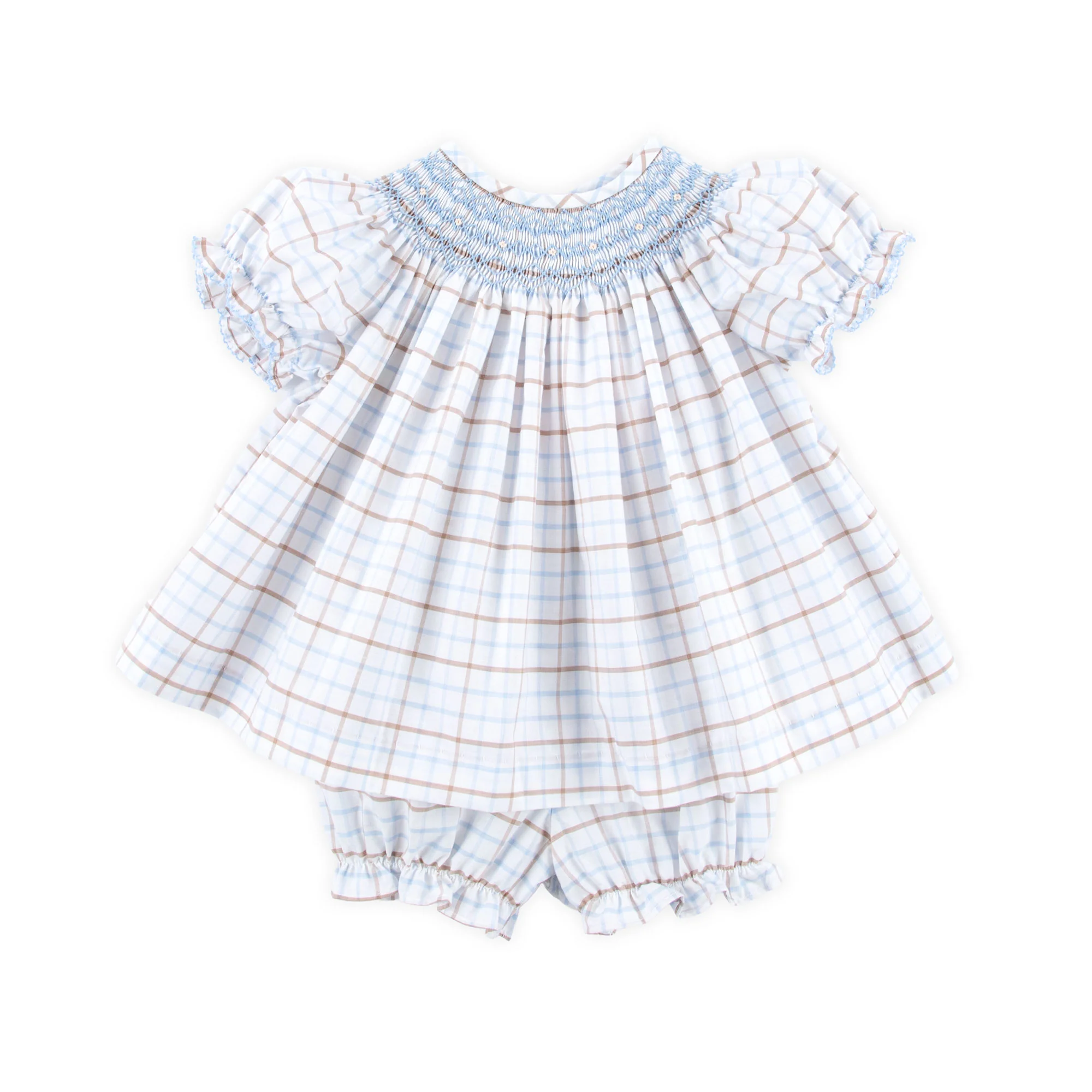 Blue & Tan Plaid Smocked Bloomer Set