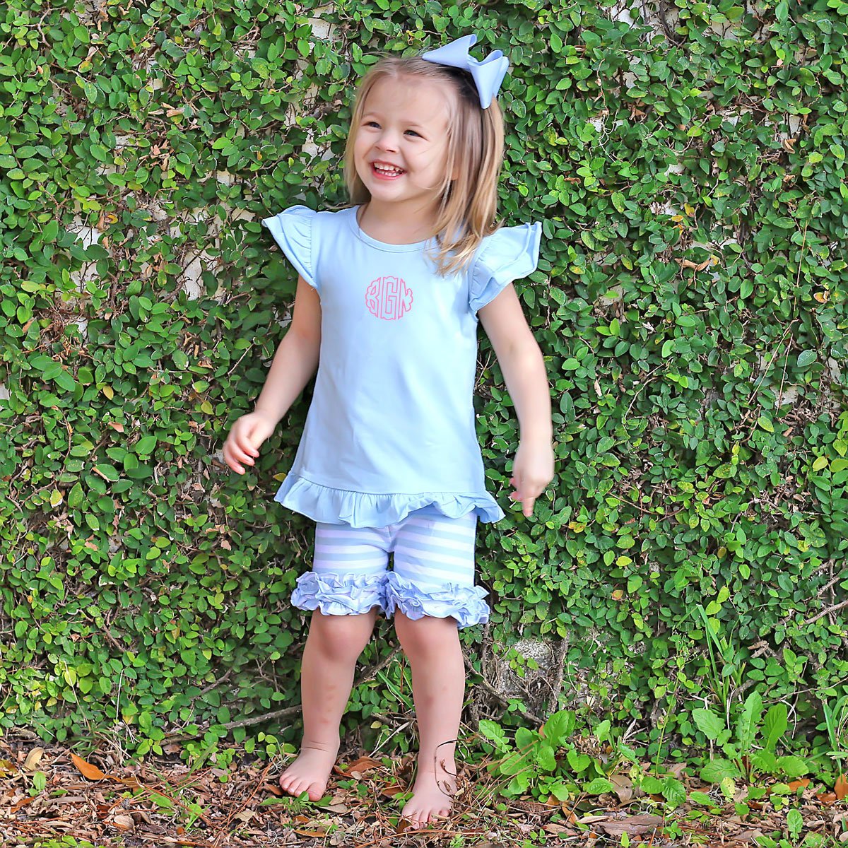 Blue Stripe Knit Ruffle Short Set