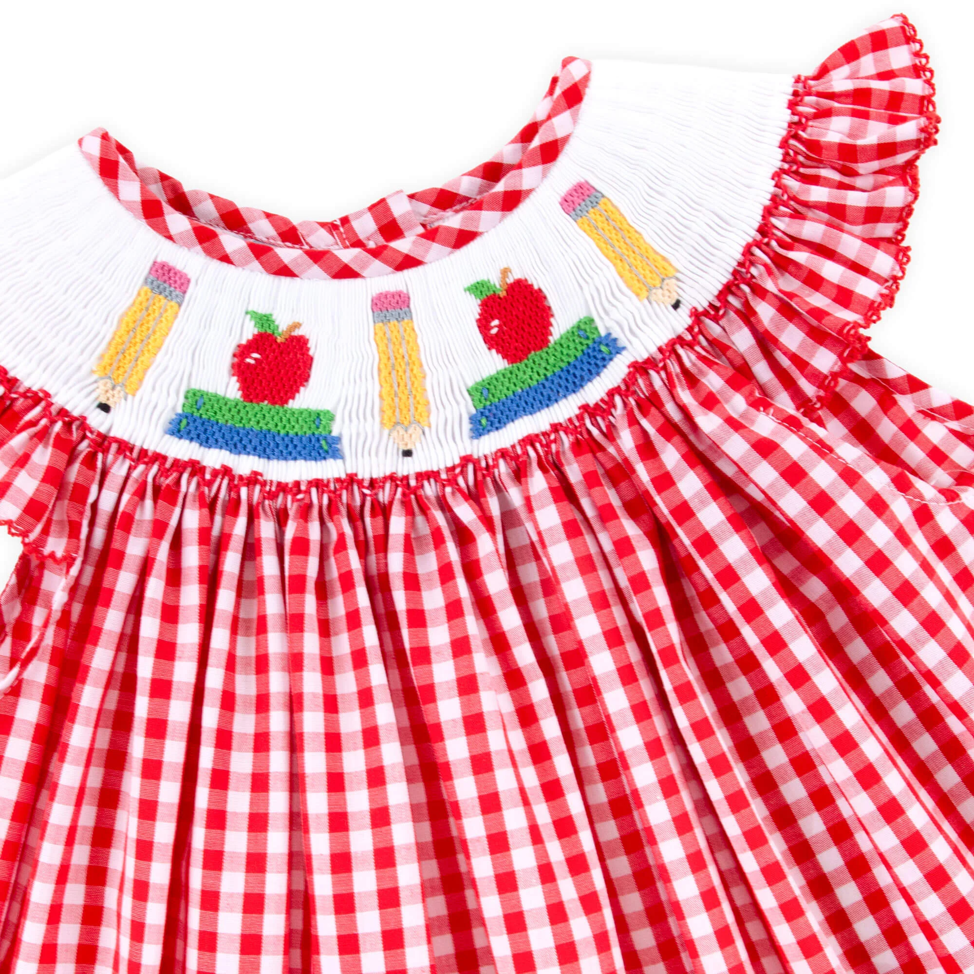 Bright School Year Smocked Red Gingham Angel Sleeve Short Set - Image 2