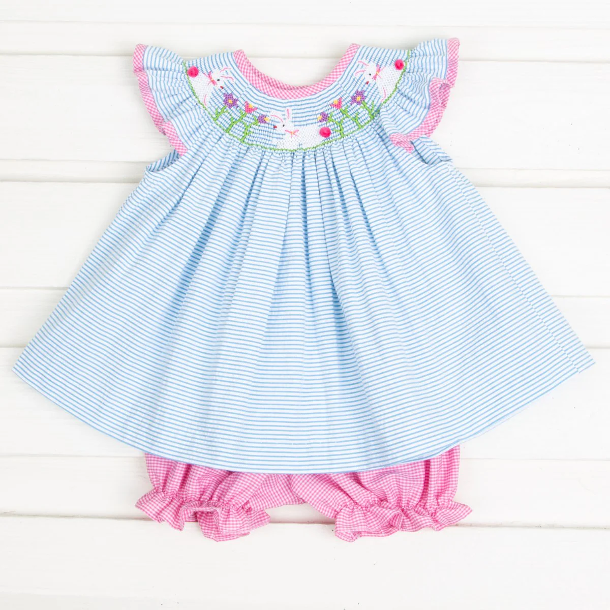 Bunny Garden Smocked Bloomer Set Turquoise Stripe Seersucker