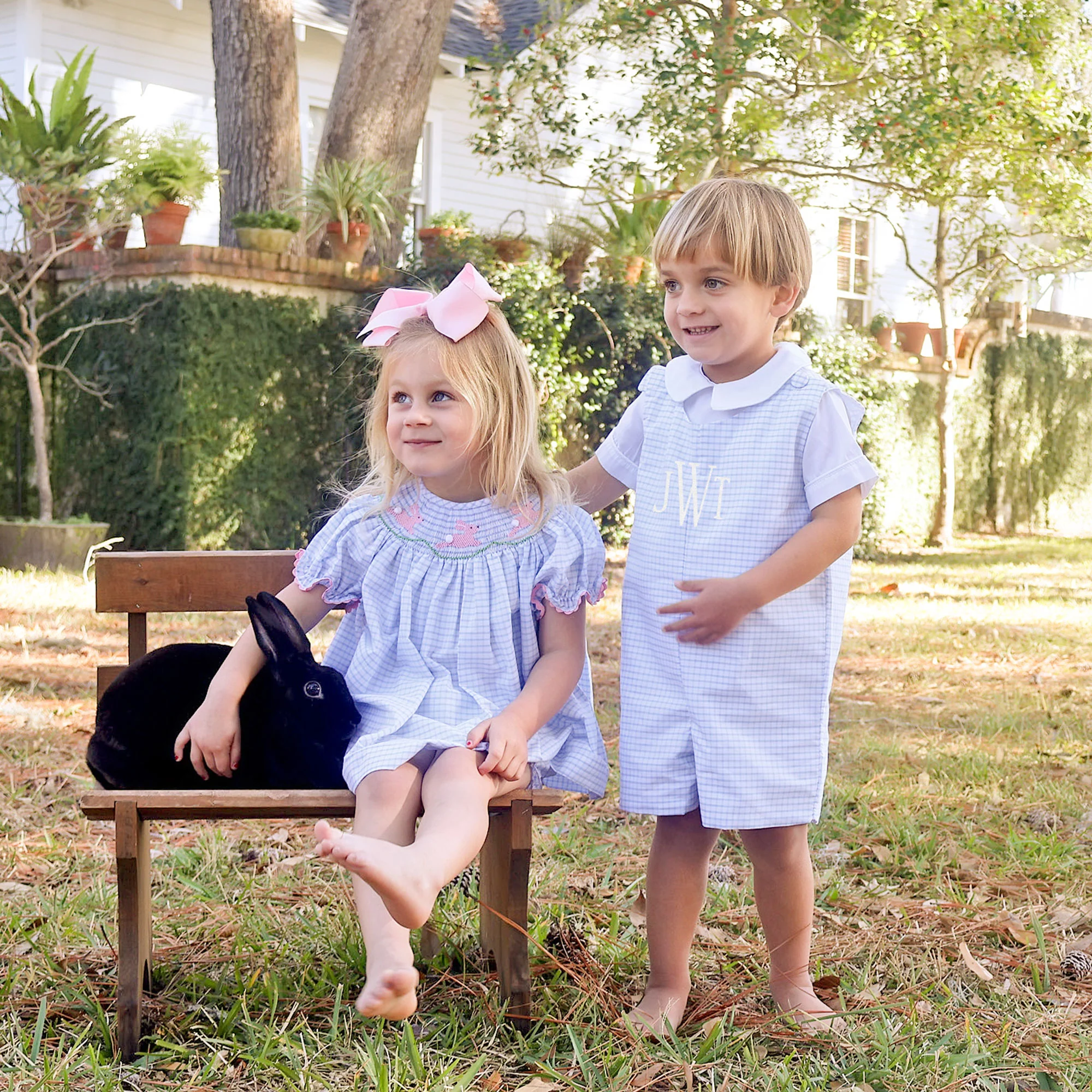 Bunny Love Smocked Light Blue Windowpane Bloomer Set - Image 5