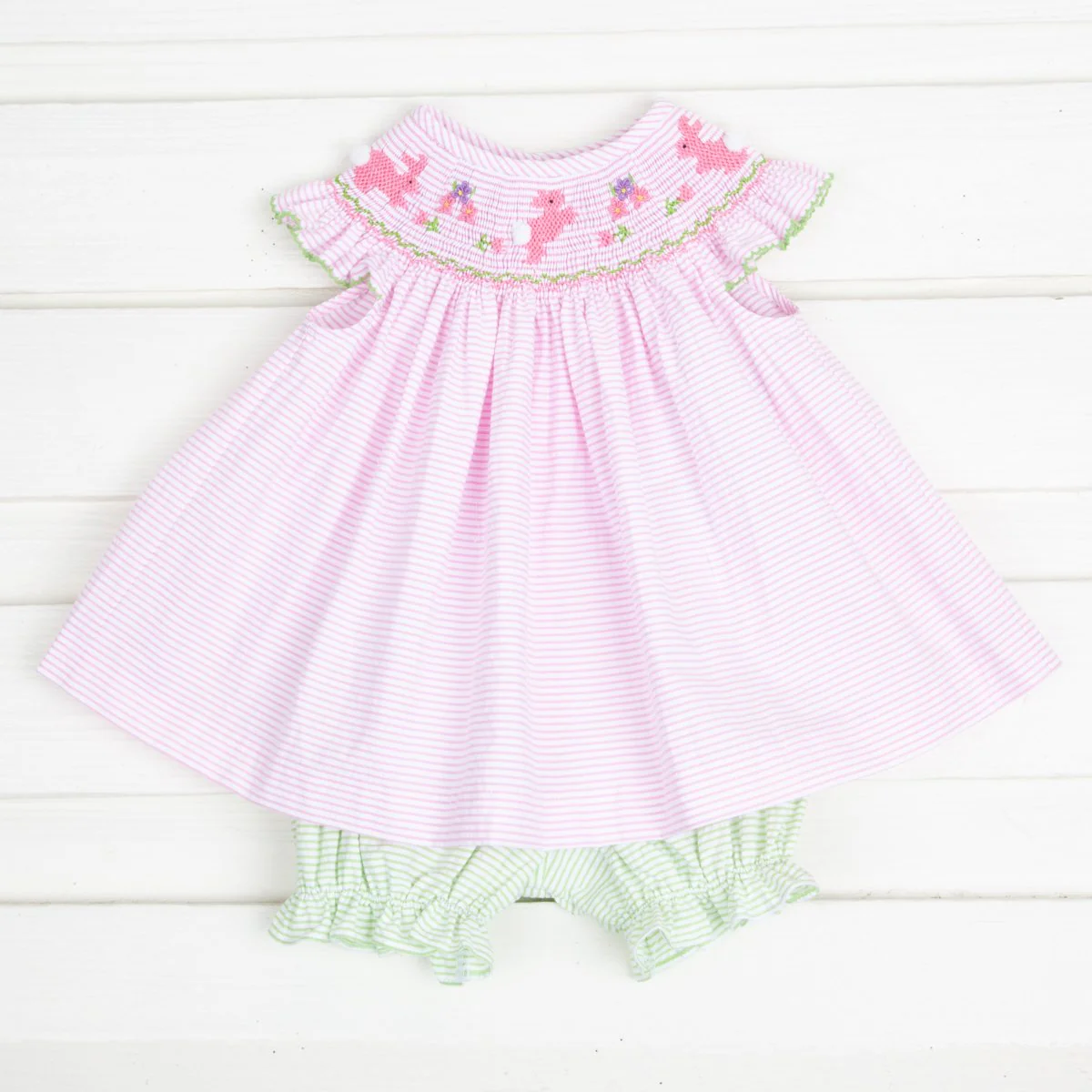 Bunny Smocked Bloomer Set Pink Seersucker Stripe