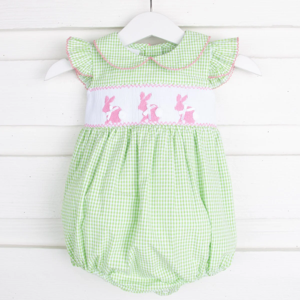 Bunny Smocked Collared Bubble Light Green Seersucker