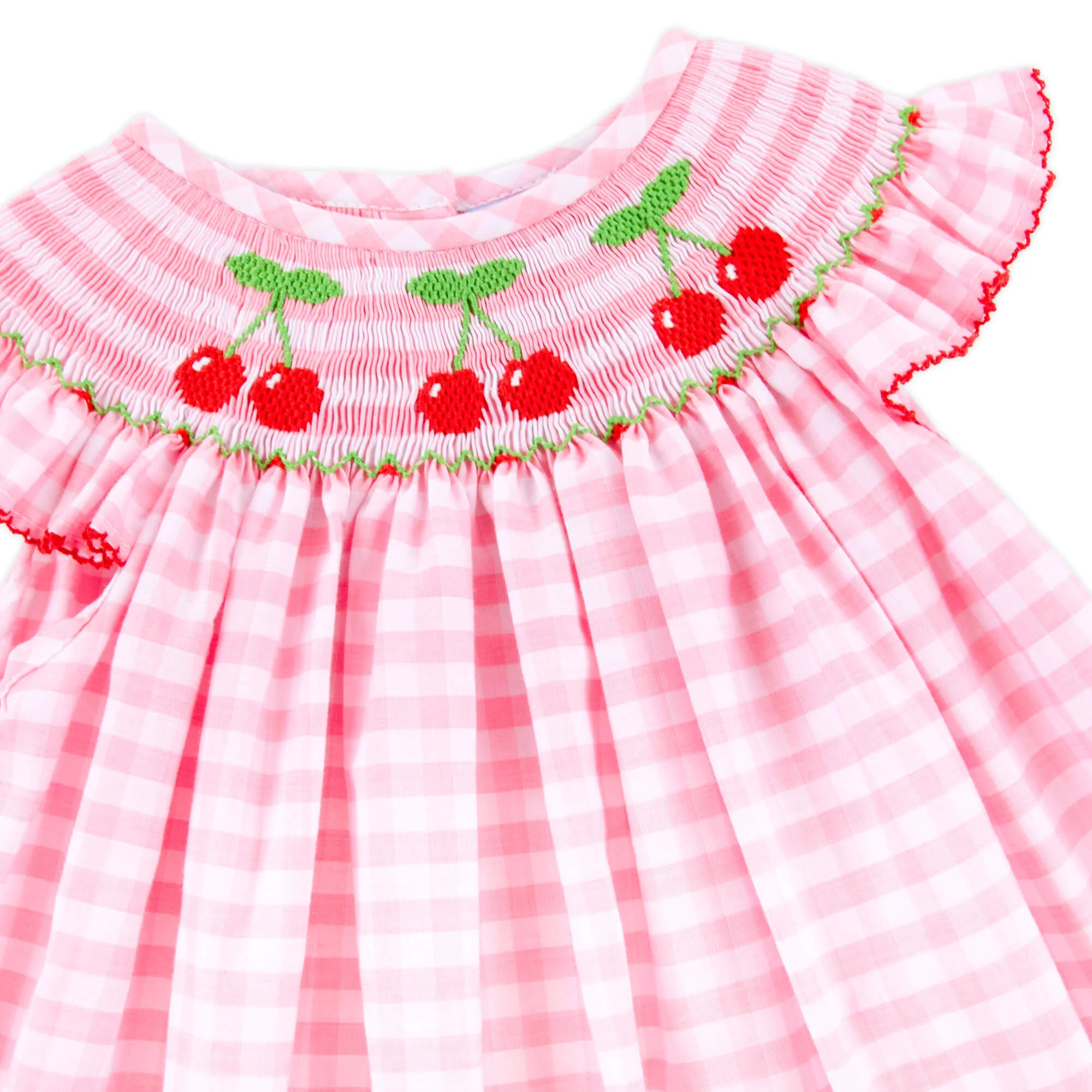 Cherry Smocked Pink Gingham Angel Sleeve Dress - Image 2