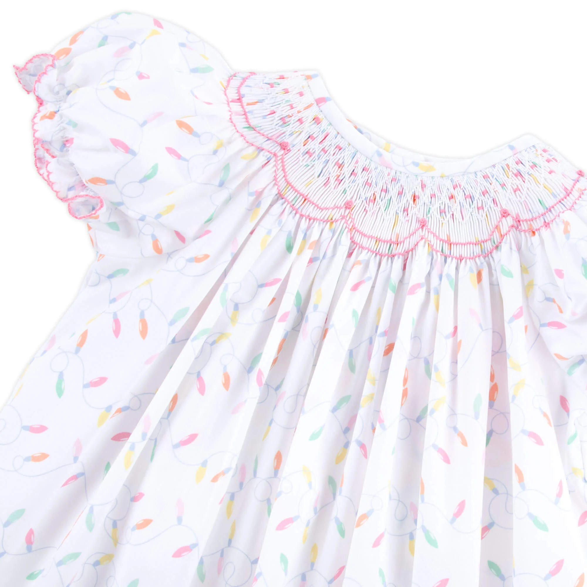Christmas Lights White Print Smocked Bishop Dress - Image 2