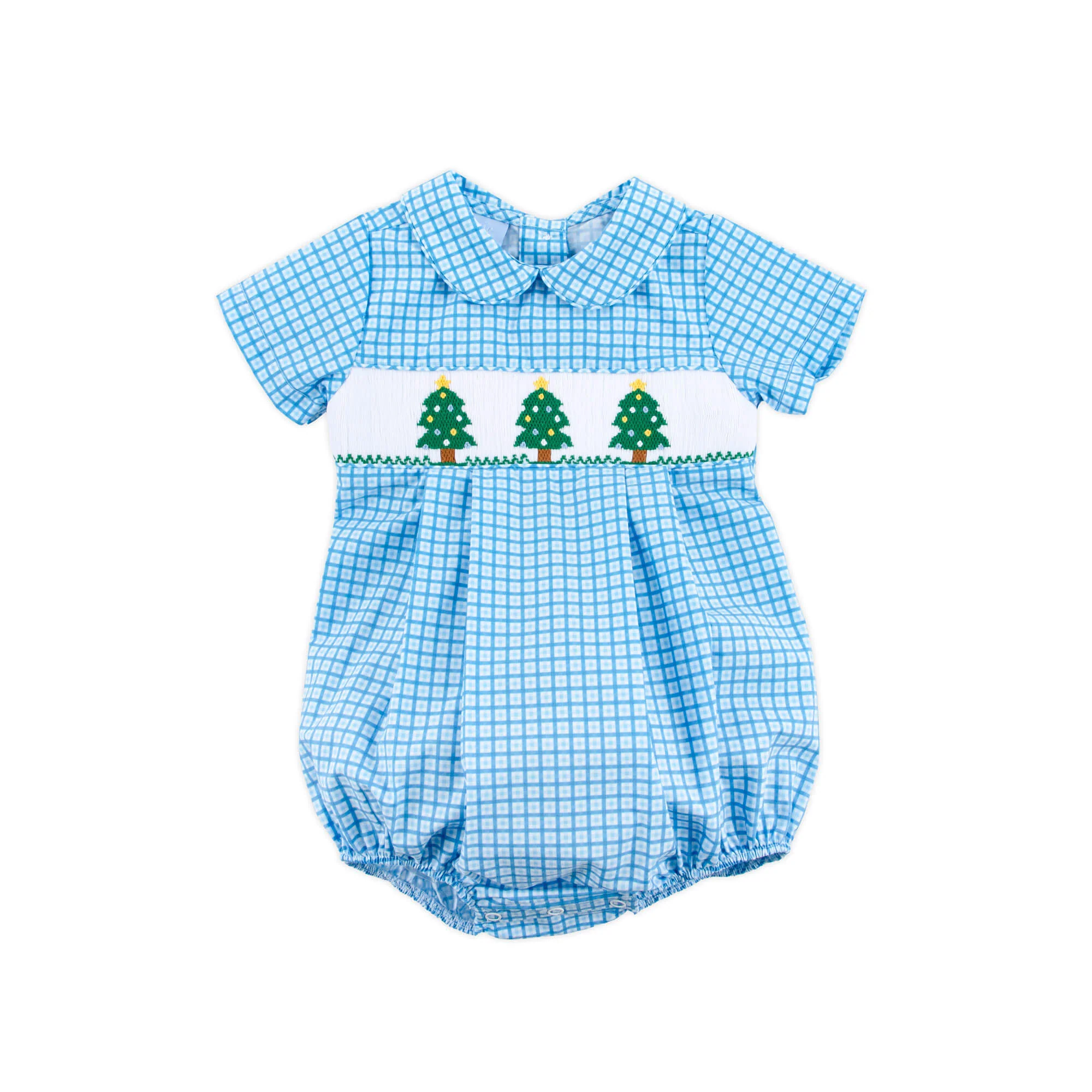 Christmas Tree Smocked Light Blue Gingham Collared Bubble