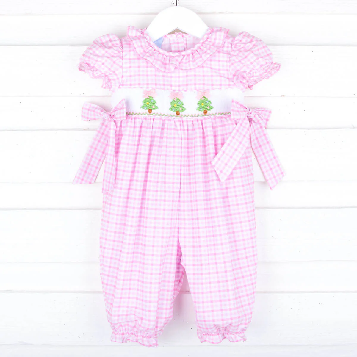 Christmas Tree Smocked Pink Gingham Long Bubble