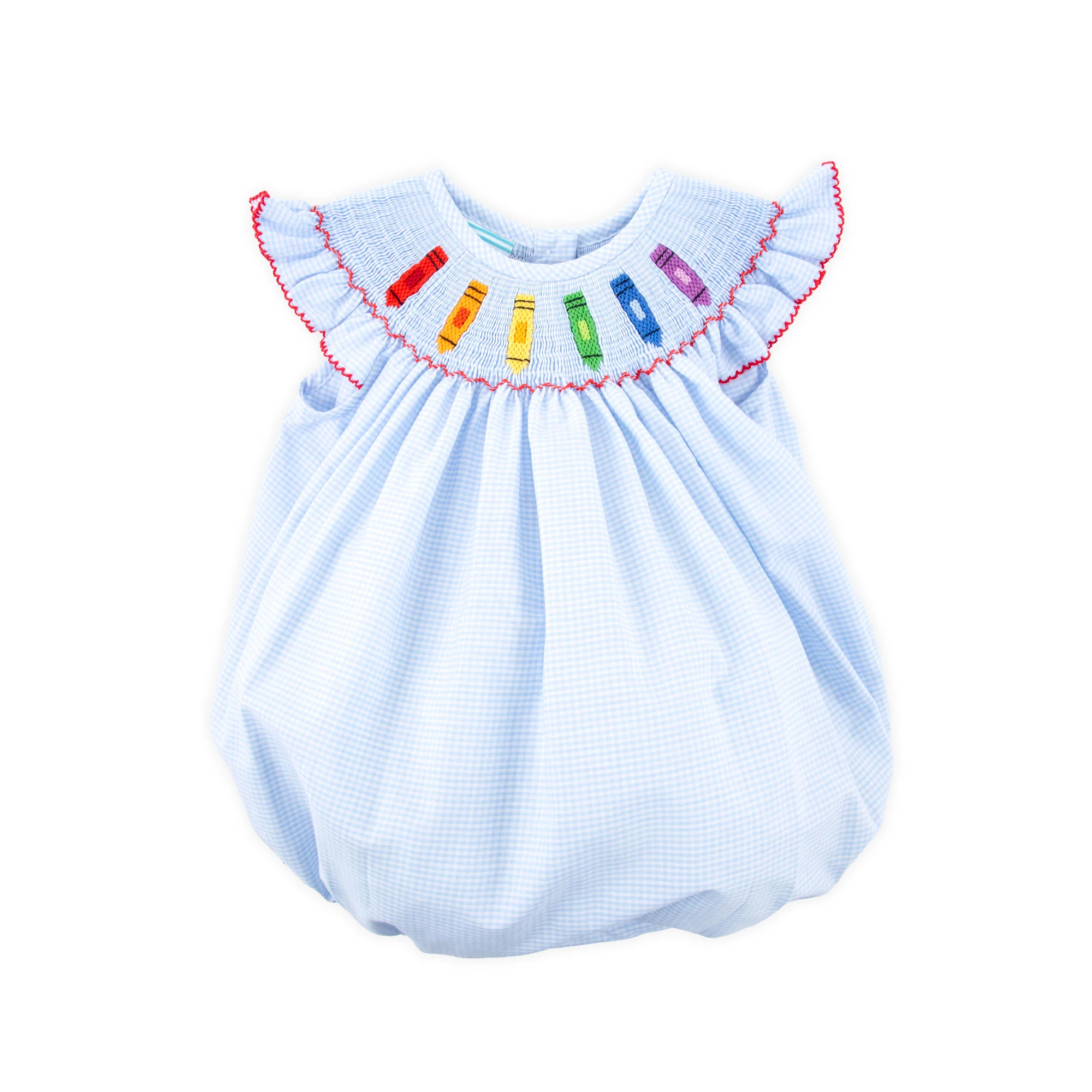 Colorful Crayon Smocked Blue Gingham Angel Sleeve Bubble