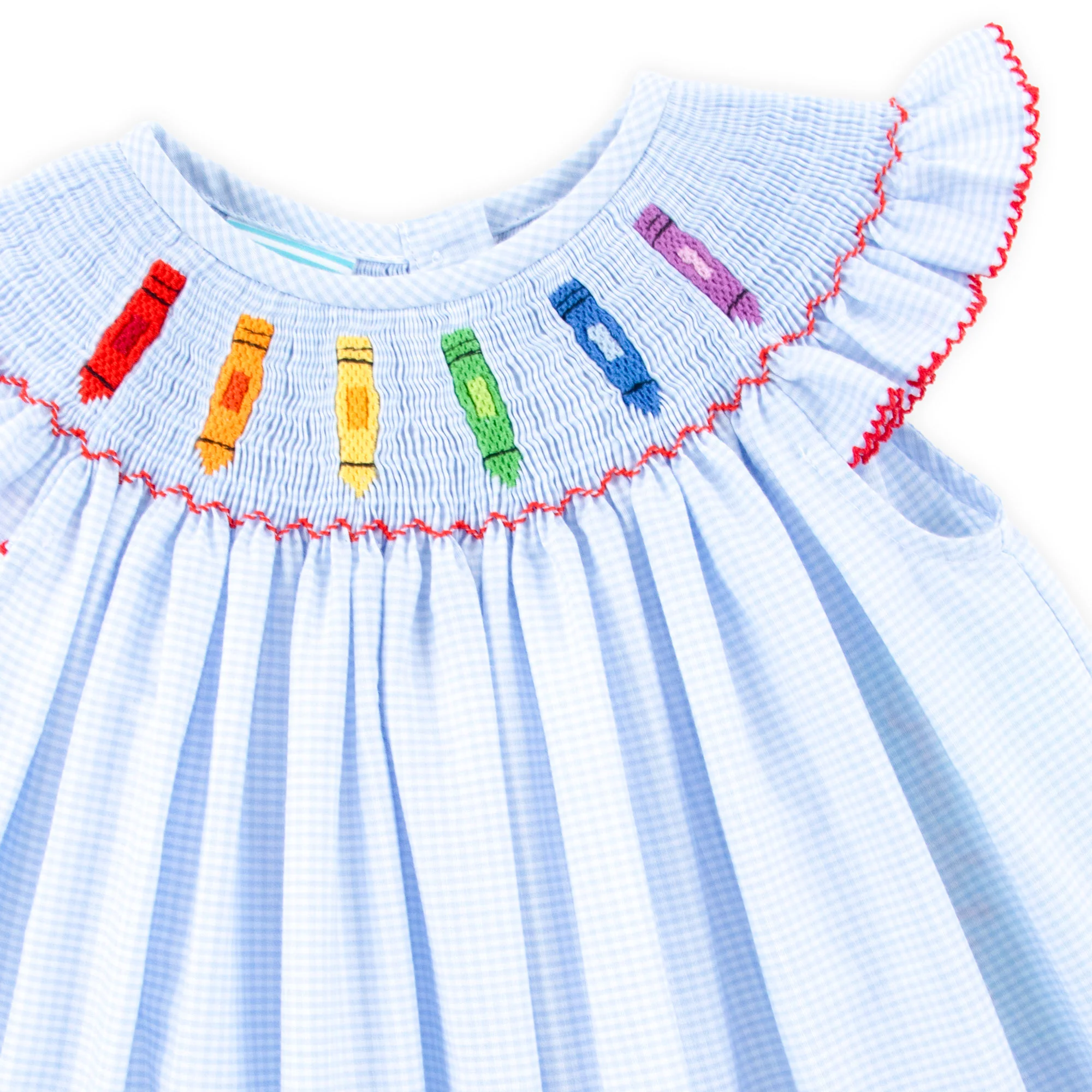 Colorful Crayon Smocked Blue Gingham Angel Sleeve Dress - Image 2