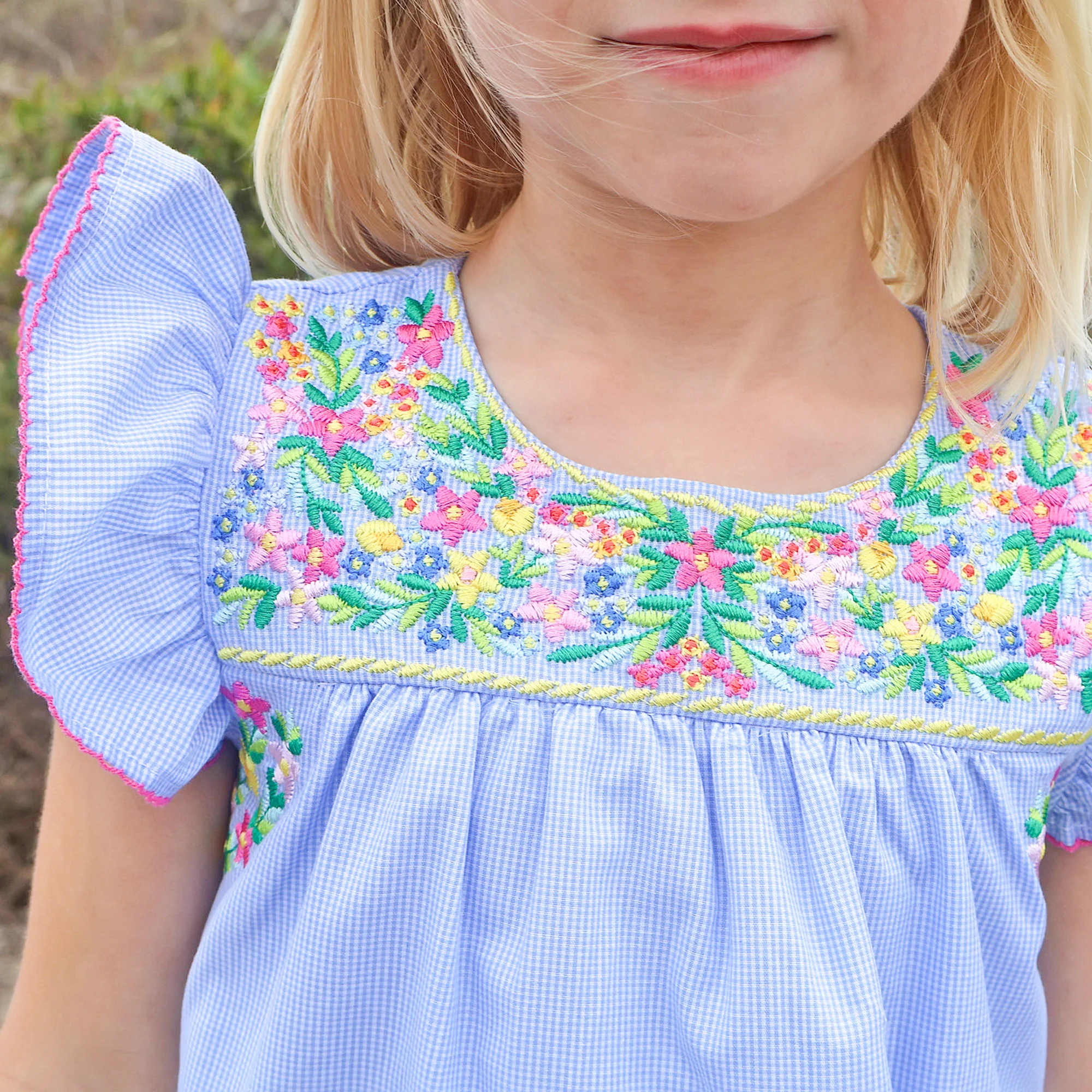 Colorful Embroidered Blue Gingham Beach Dress - Image 2