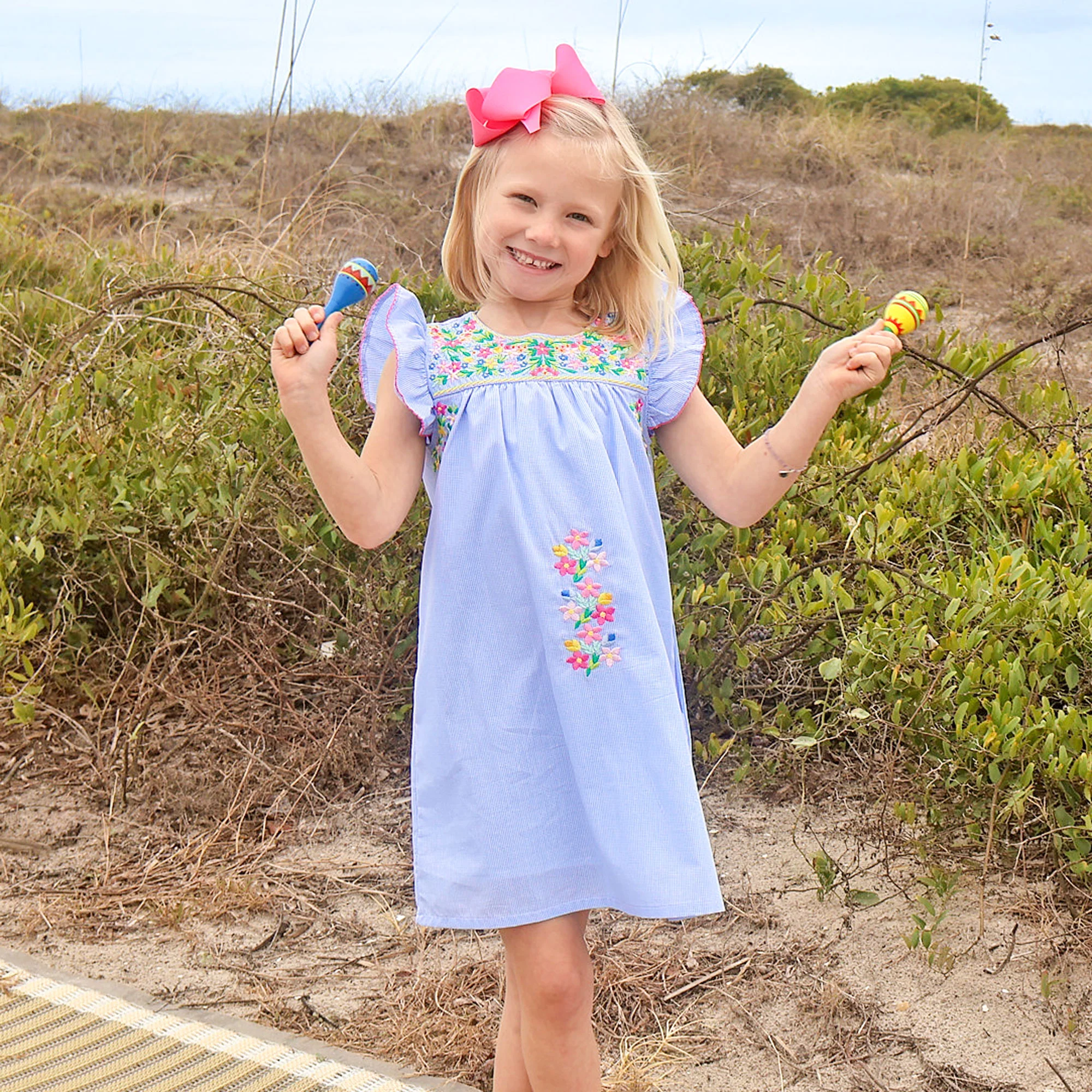 Colorful Embroidered Blue Gingham Beach Dress - Image 3