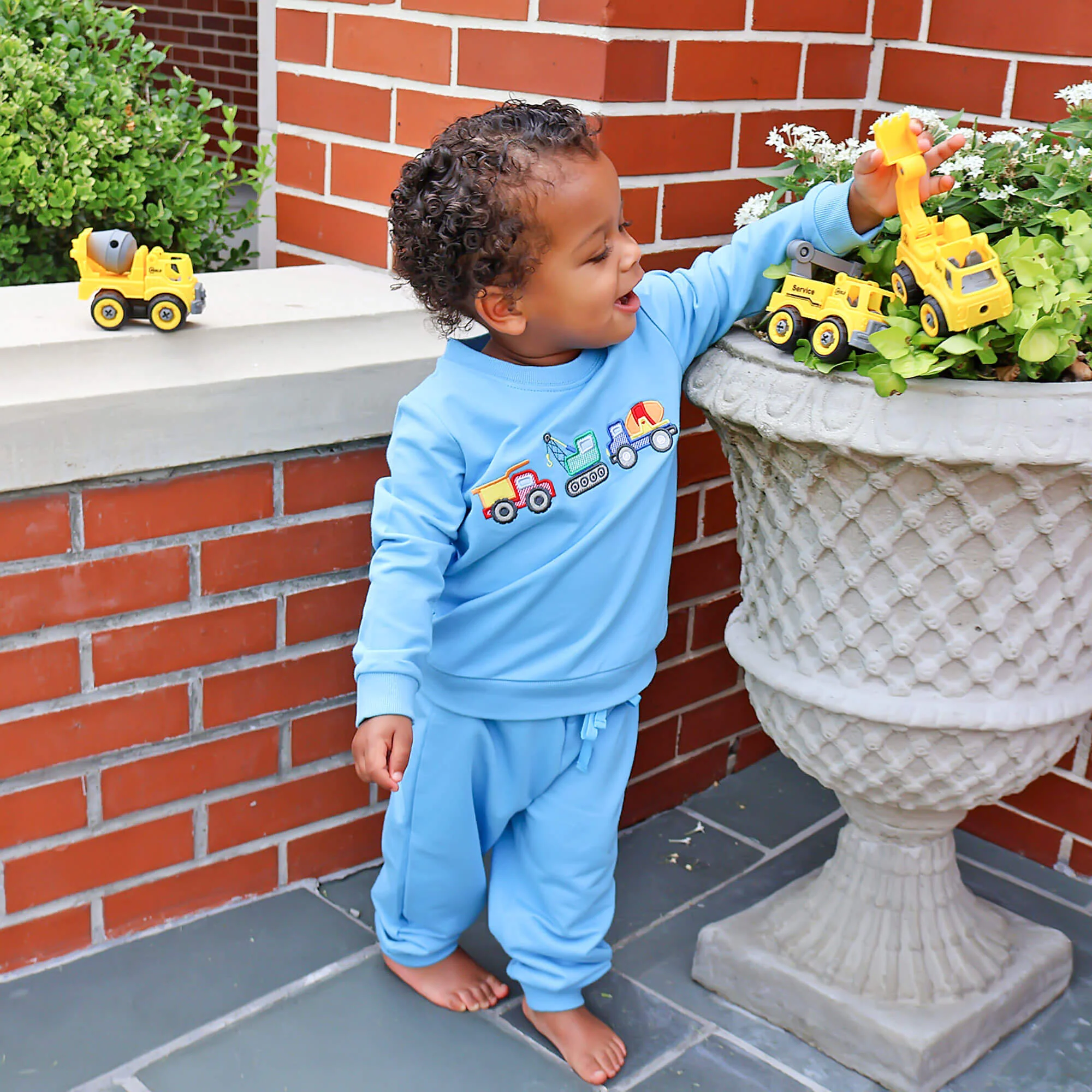 Construction Truck Applique Blue Jogger Set - Image 4