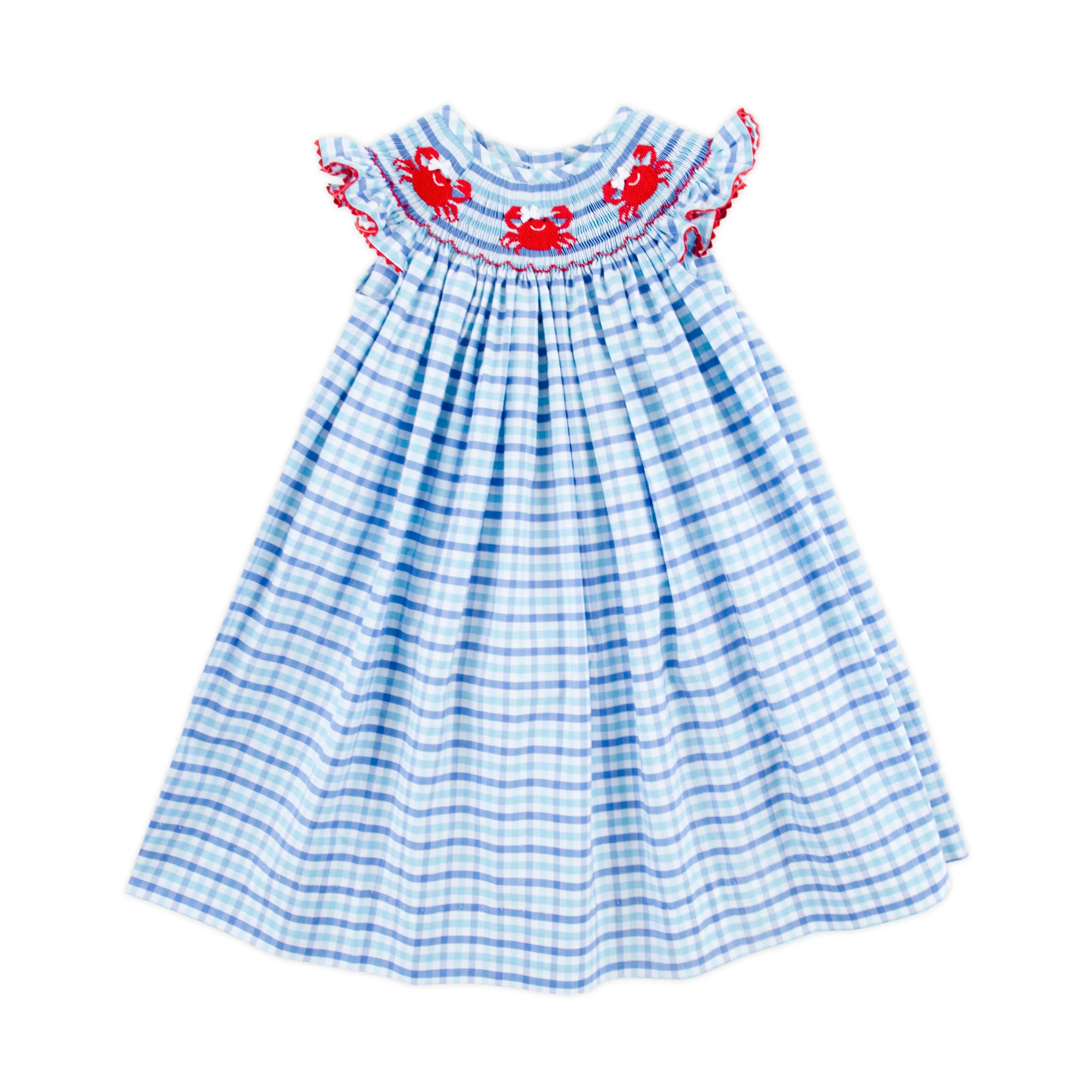 Crab Trio Smocked Blue Plaid Angel Sleeve Dress