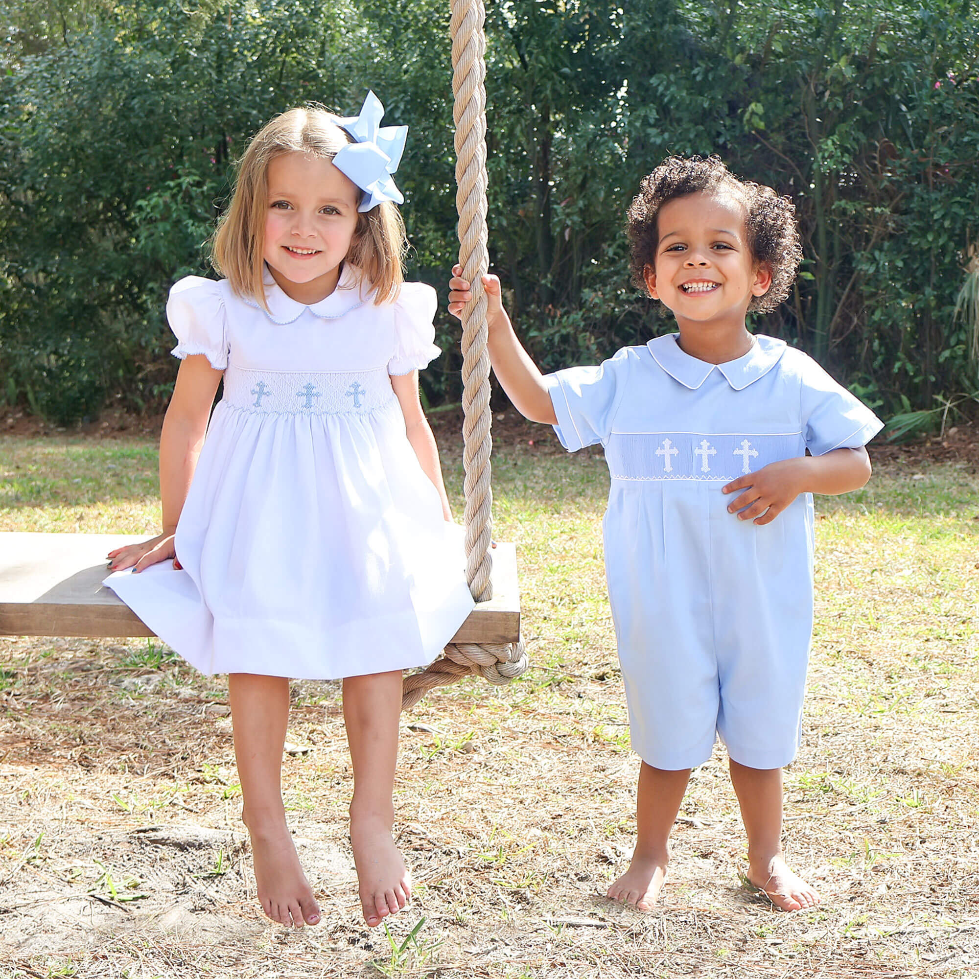 Blue Cross Smocked White Pique Collared Dress - Image 5