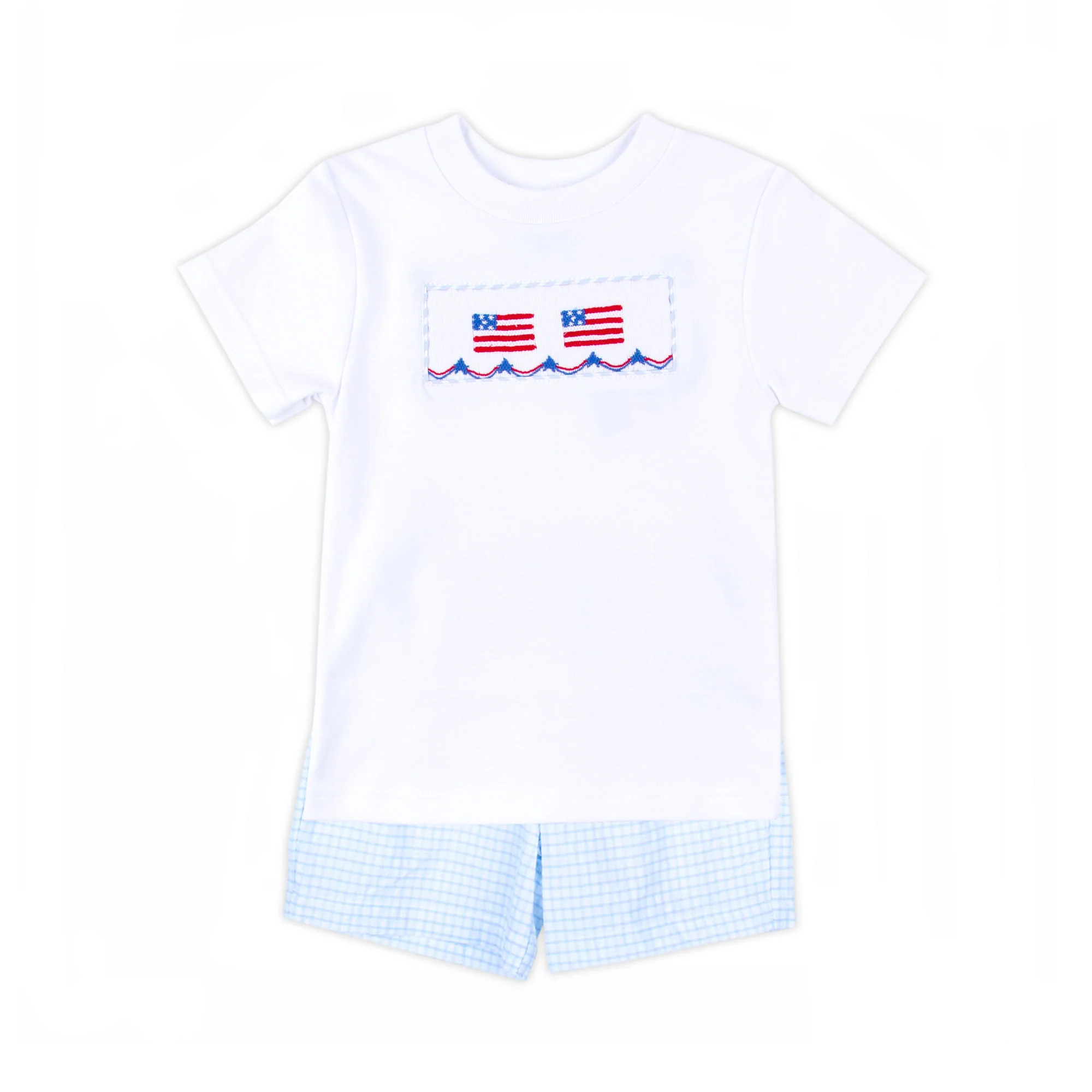 Dazzling Flag Smocked Blue Windowpane Short Set