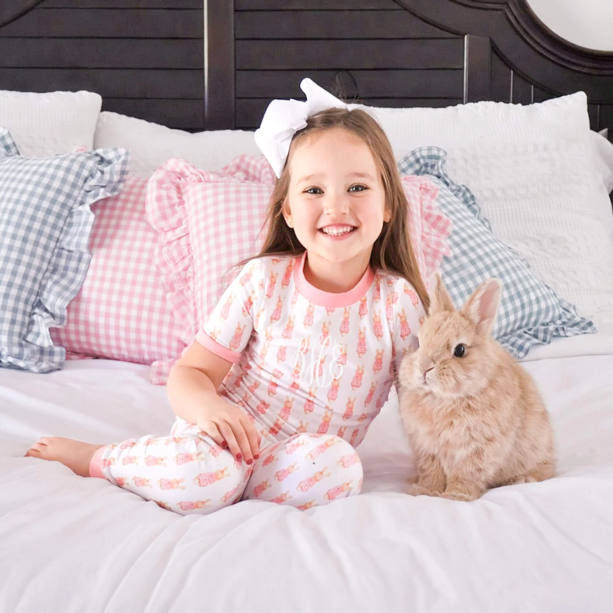 Gingham Storybook Bunnies Pink Pajamas