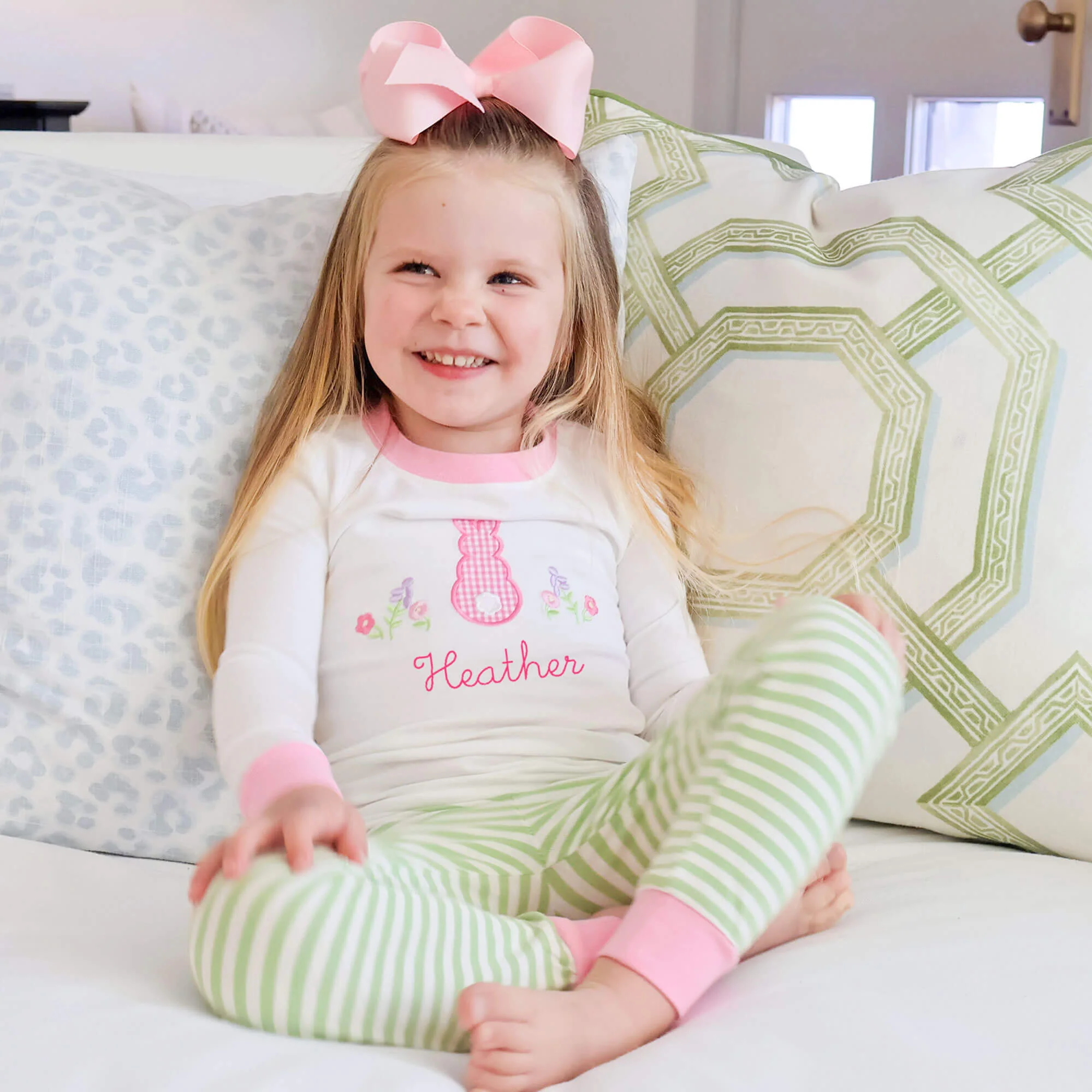 Easter Bunny Pink Trim Green Stripe Pajamas