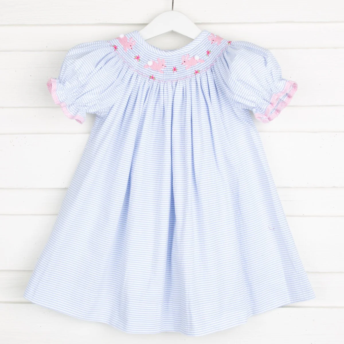 Easter Bunny Smocked Bishop Light Blue Stripe Seersucker
