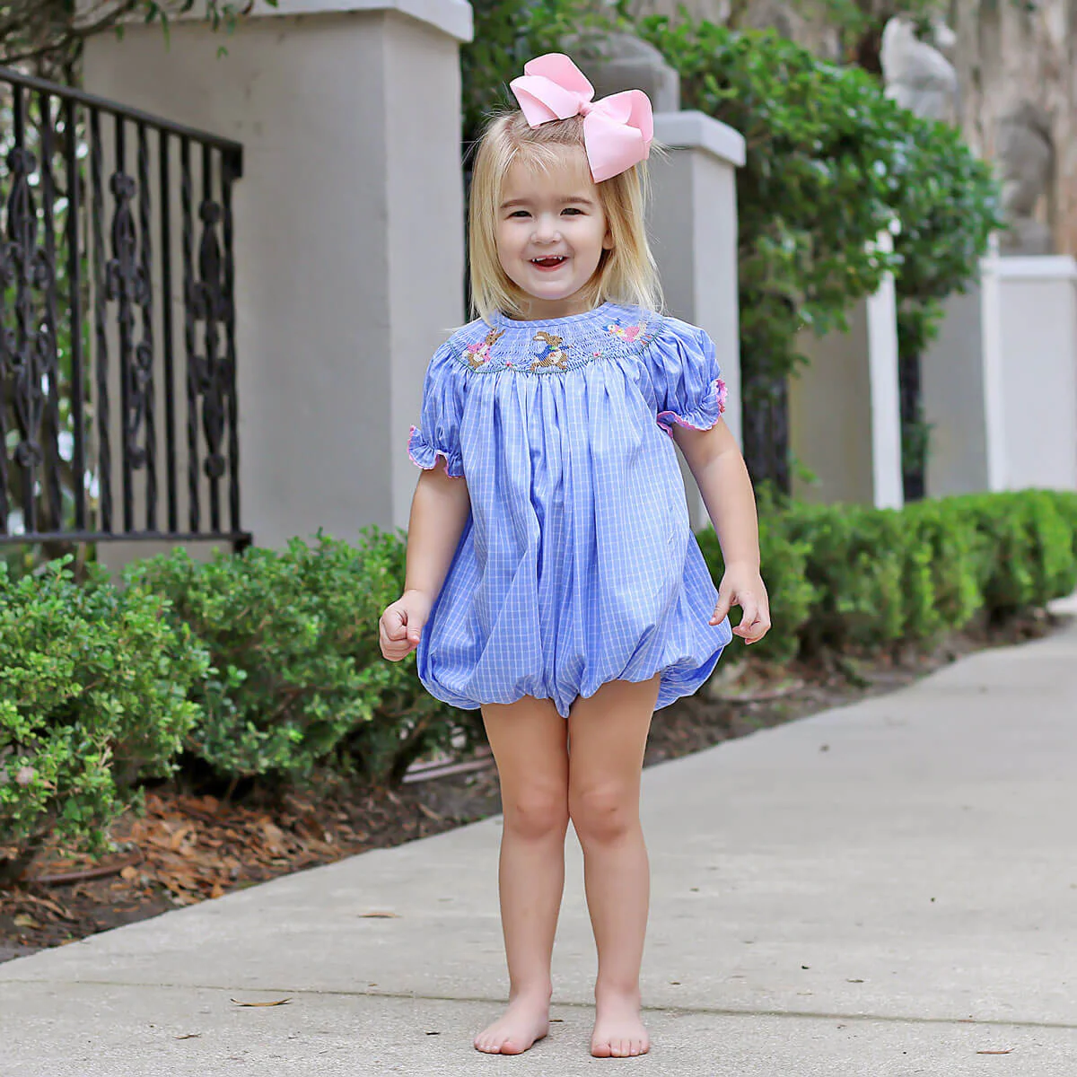 Storybook Smocked Blue Windowpane Bubble