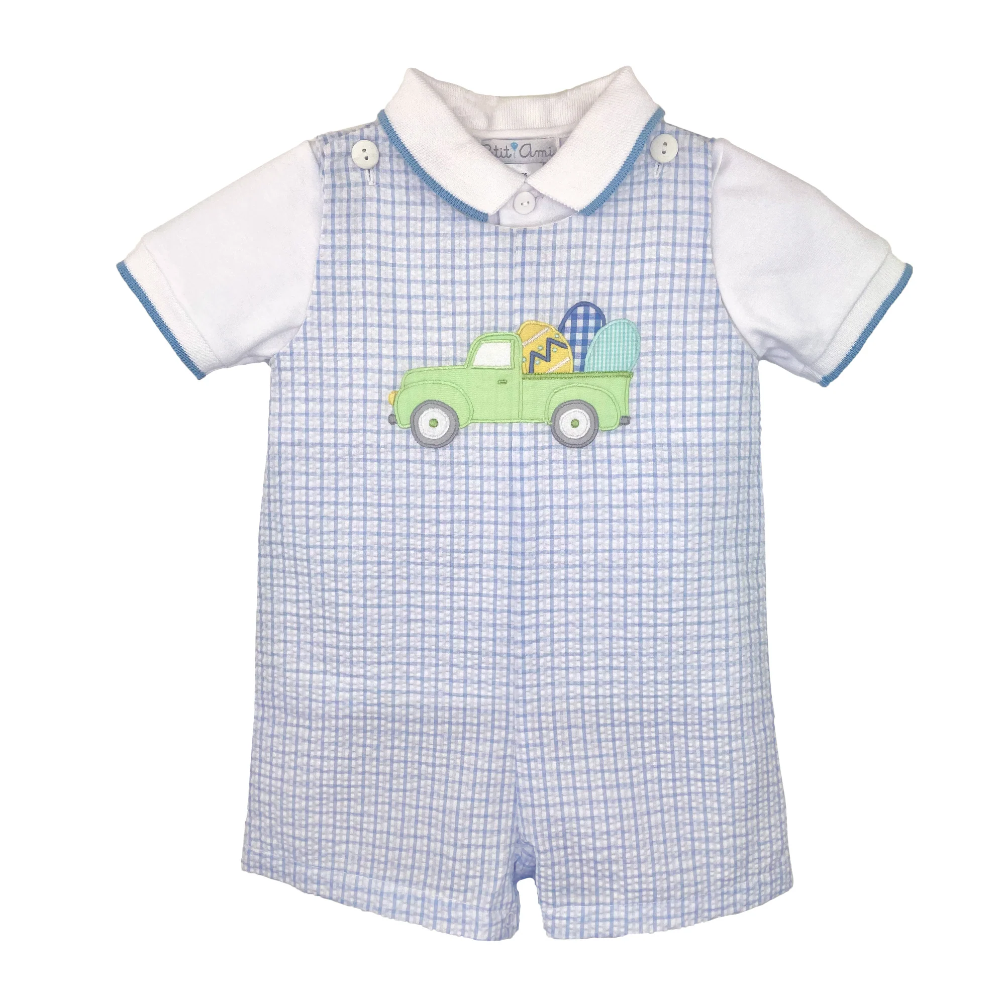 Easter Truck Blue Seersucker Collared Jon Jon with Undershirt - Image 2