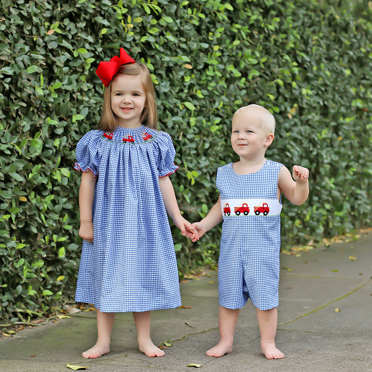 Fire Truck Blue Plaid Smocked Bishop Dress - Image 6