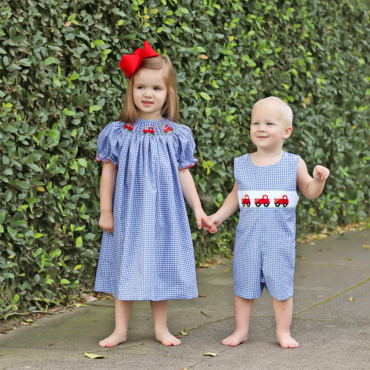 Fire Truck Blue Plaid Smocked Jon Jon - Image 5