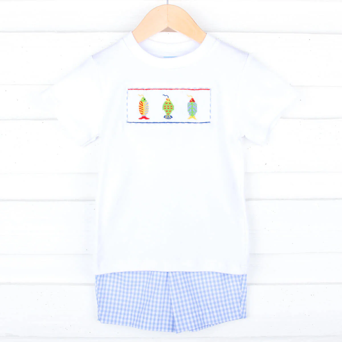 Fishing Lure Light Blue Check Smocked Short Set