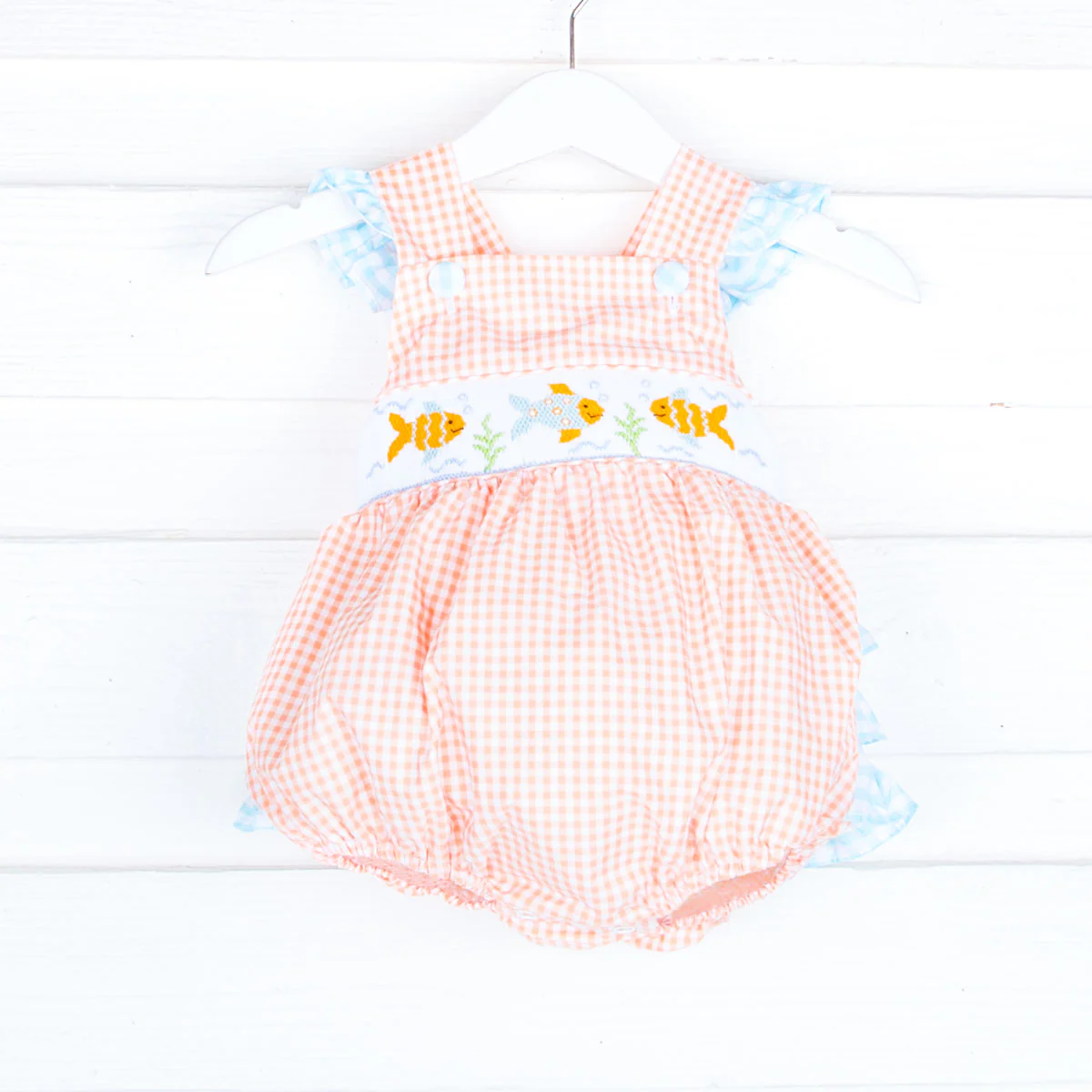 Fish Smocked Orange Gingham Leah Bubble