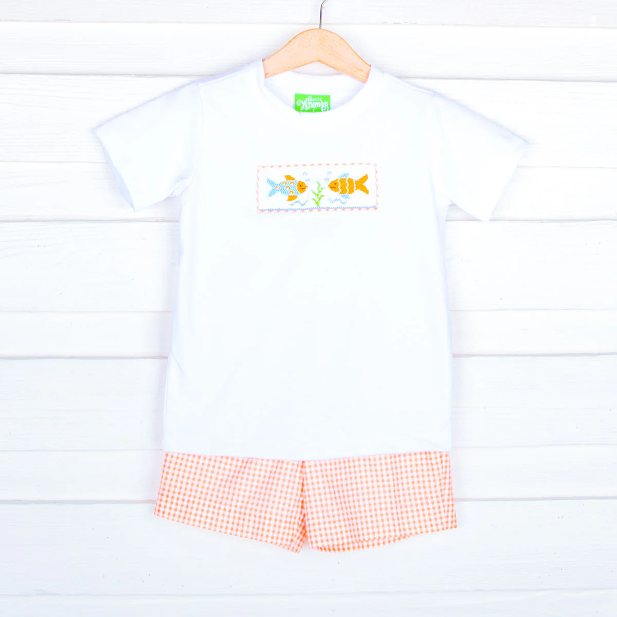 Fish Smocked Orange Gingham Short Set