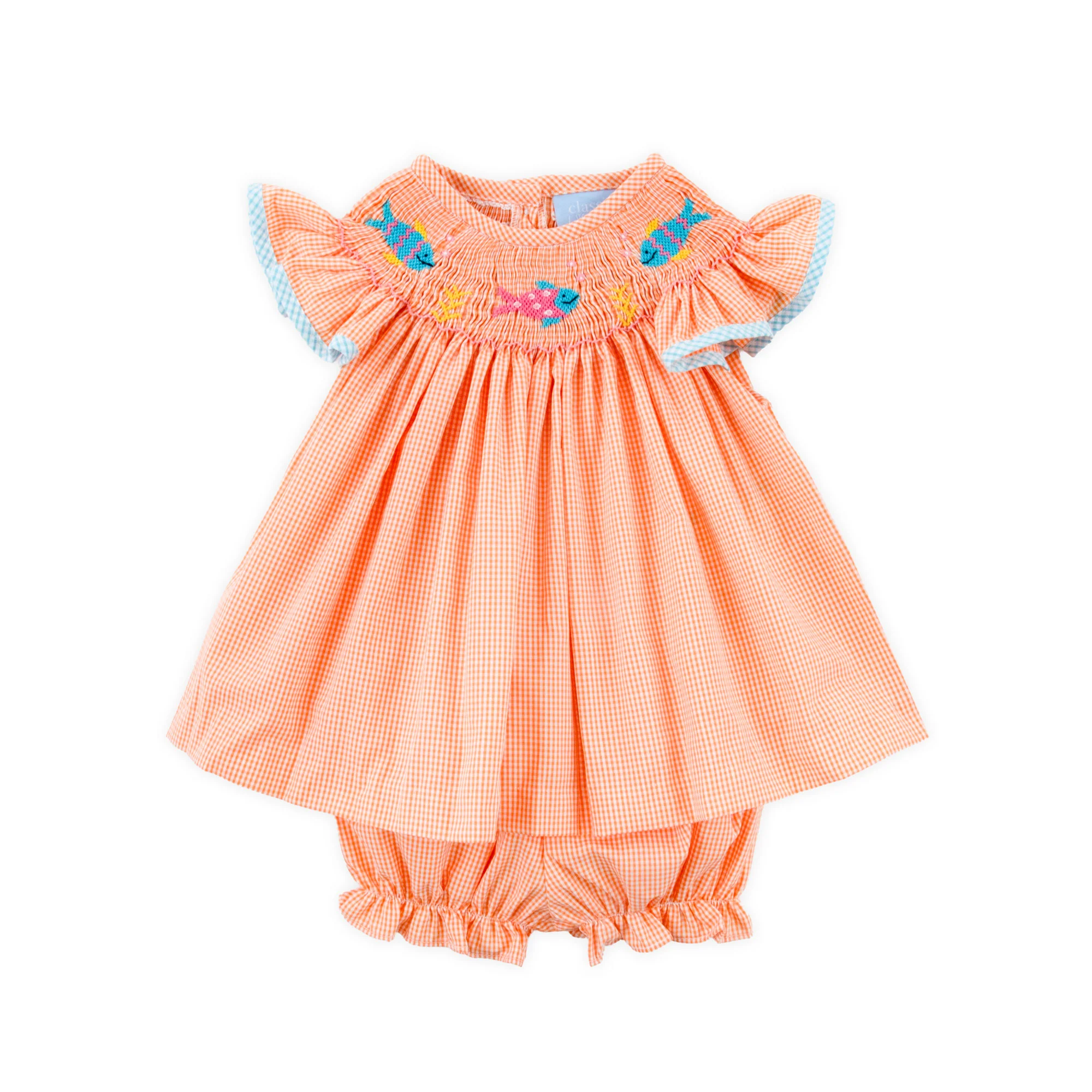 Little Fish Smocked Orange Micro Gingham Bloomer Set