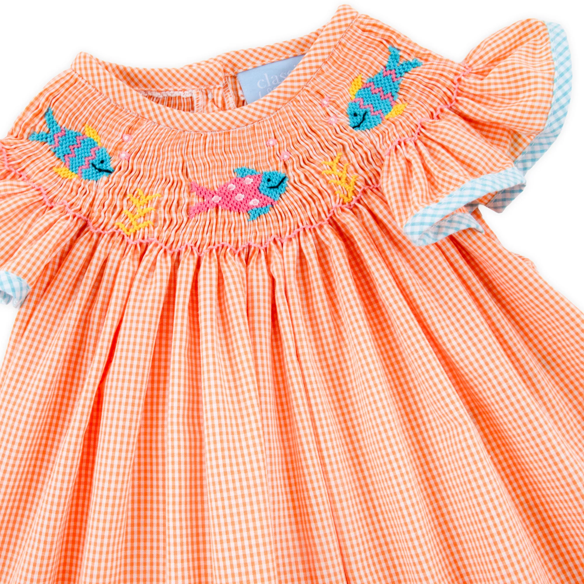Little Fish Smocked Orange Micro Gingham Bloomer Set - Image 2