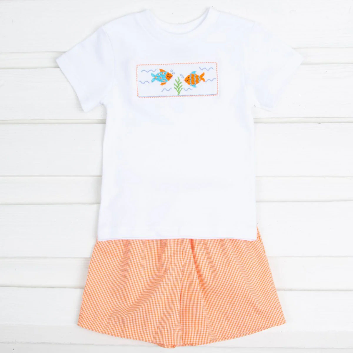 Fish Smocked Short Set Orange Gingham