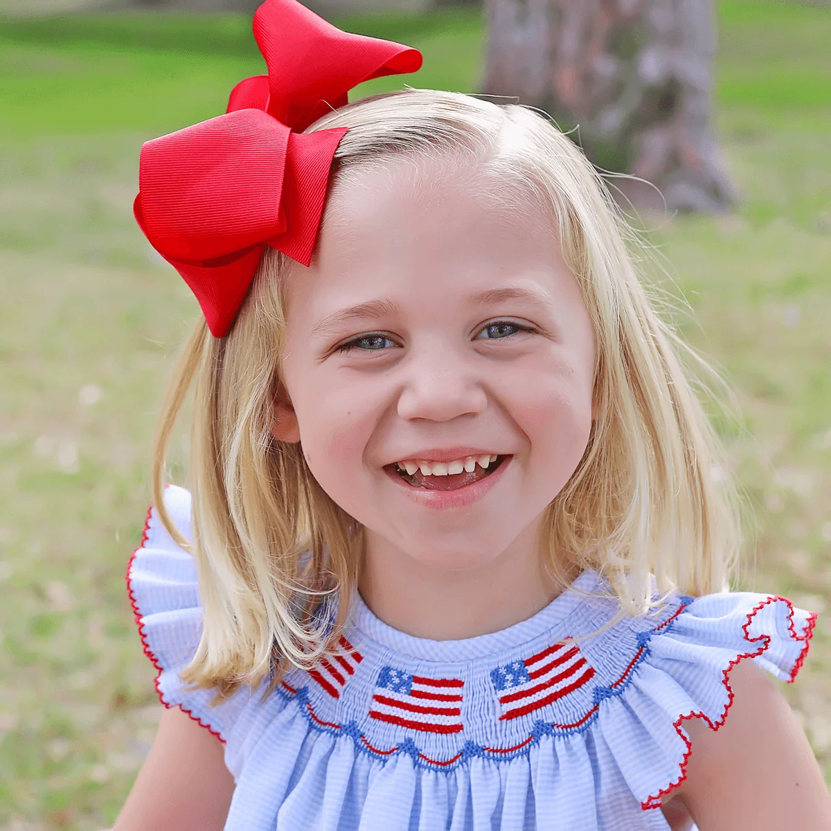 Light Blue Gingham Flag Smocked Dress - Image 3