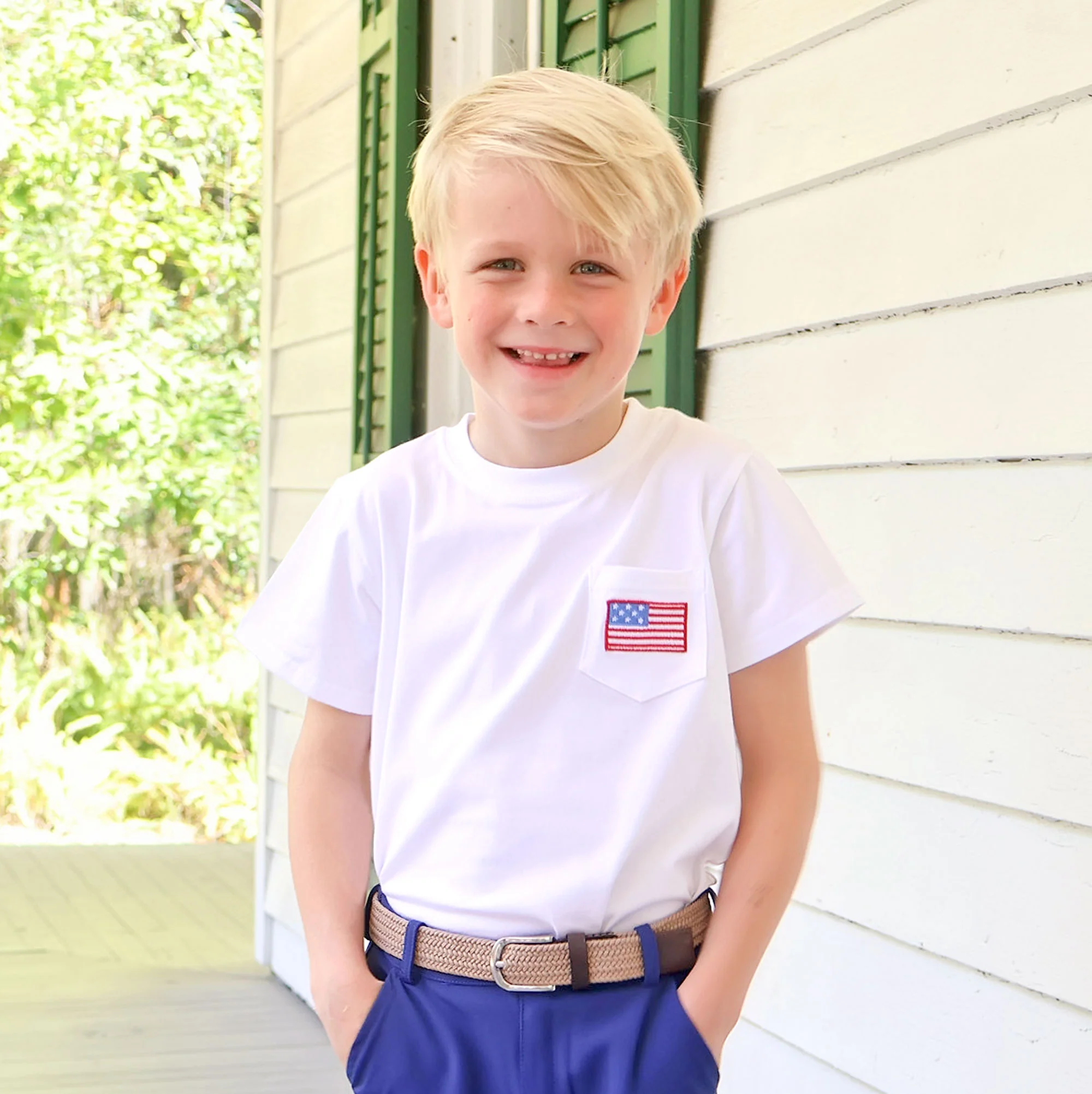 Flag Embroidered White Short Sleeve Pocket Shirt