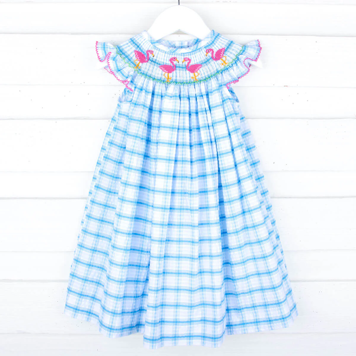 Flamingo Turquoise Plaid Smocked Dress