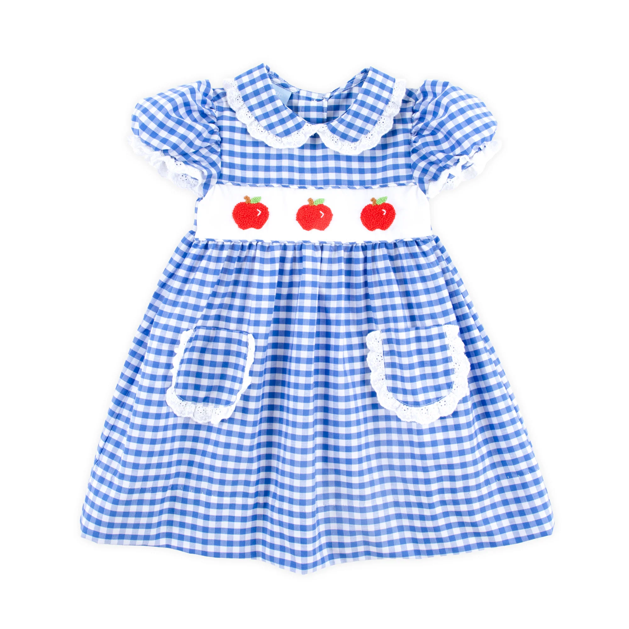 French Knot Apple Blue Gingham Collared Dress