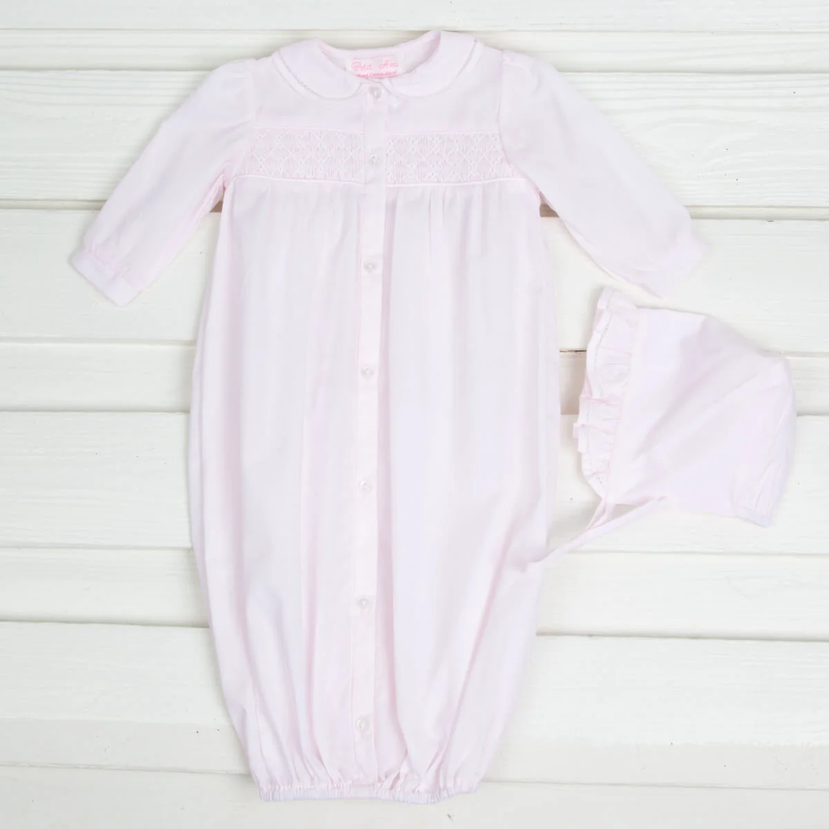 Geometric Smocked Long Sleeve Gown and Bonnet Set - Image 3