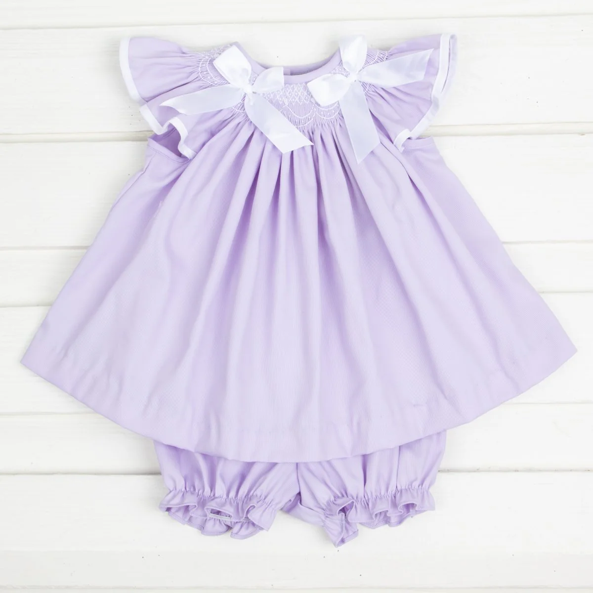 Geometric Smocked Ribbon Bloomer Set Lavender Pique