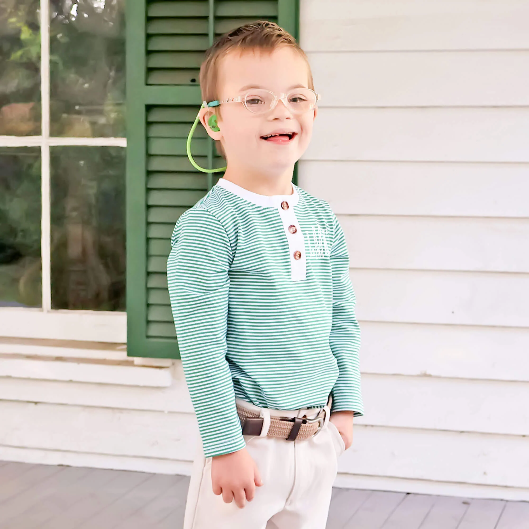 Green & White Stripe Long Sleeve Henley Shirt